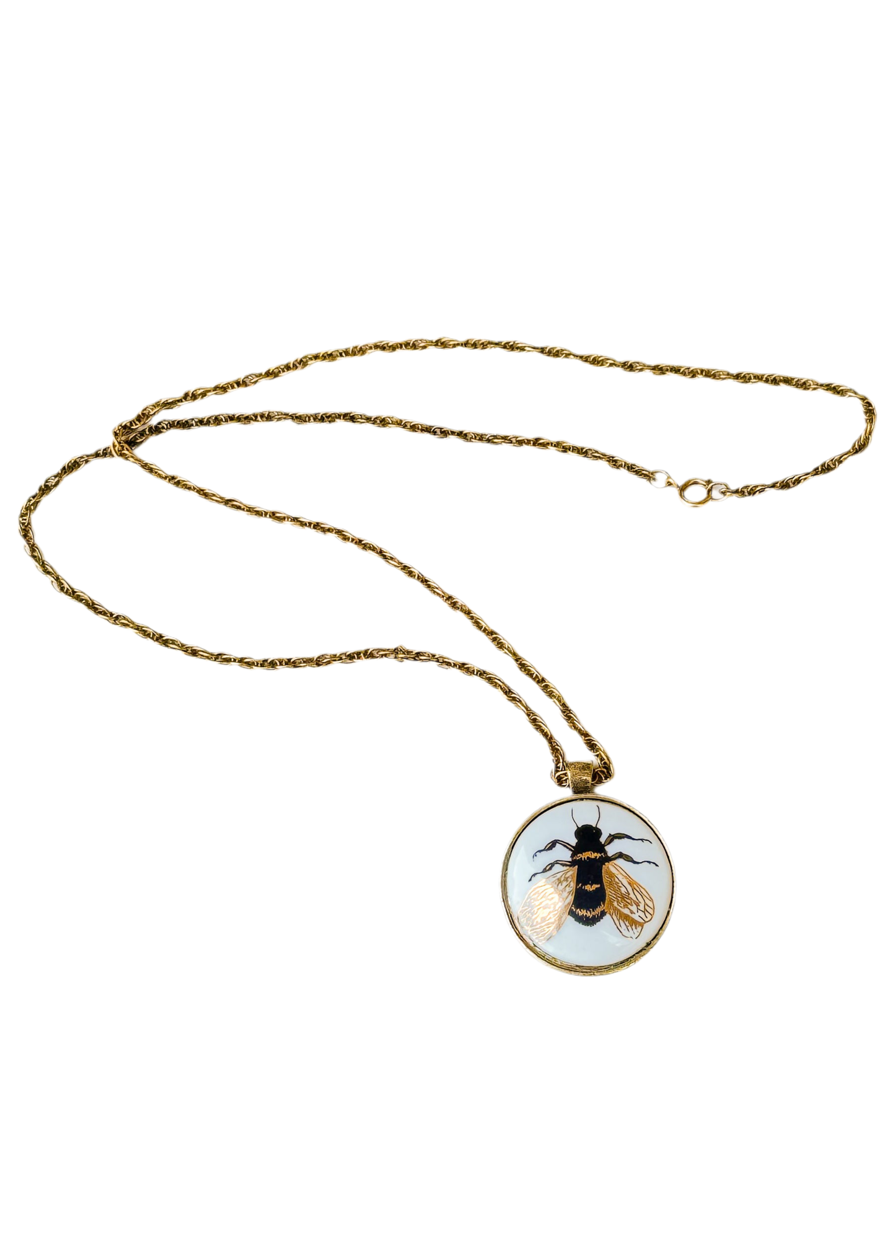 Bee Porcelain Pendant Gold Bezel  Gold Chain Necklace