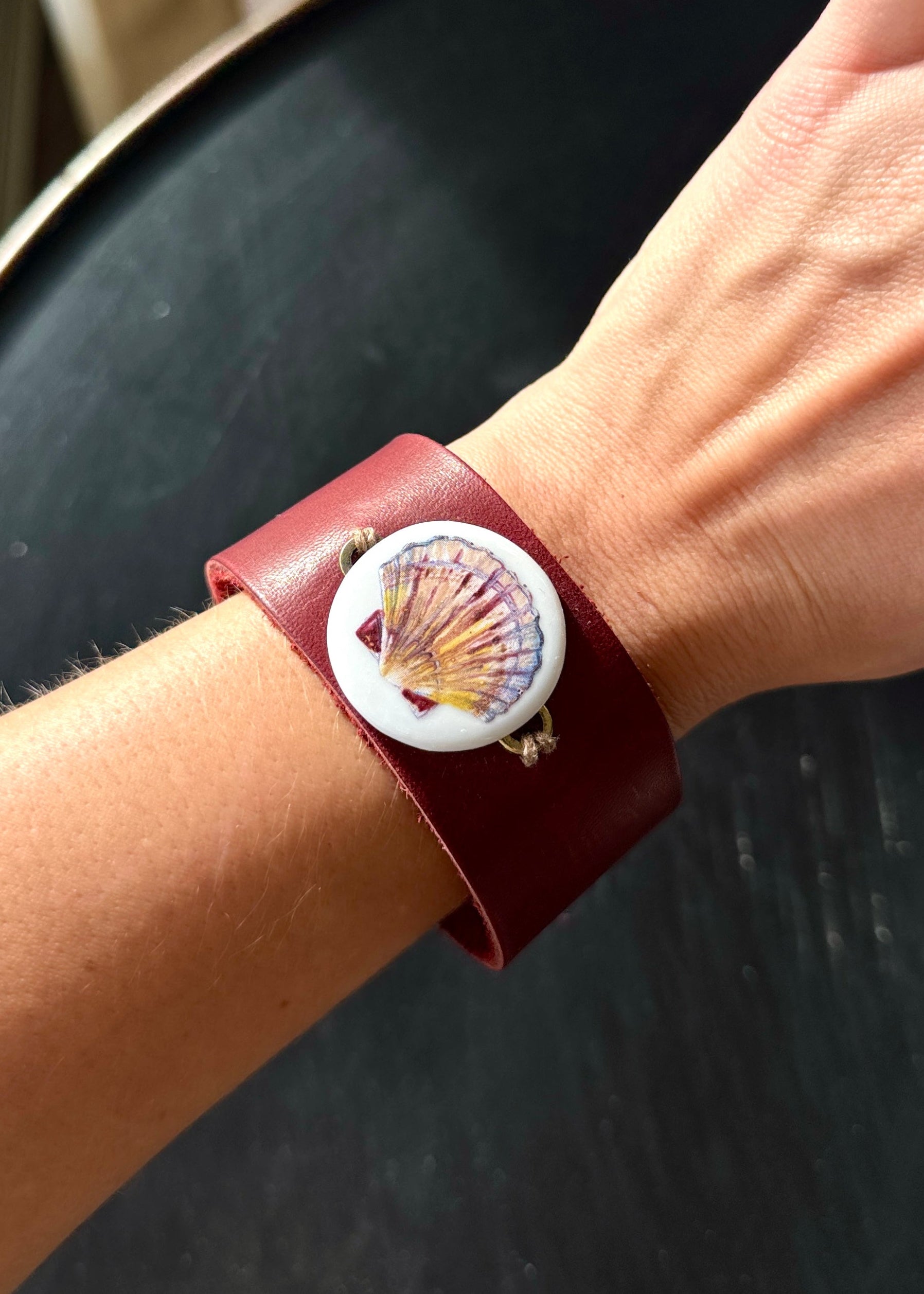 Seashell Porcelain Pendant Leather Wrap Bracelet