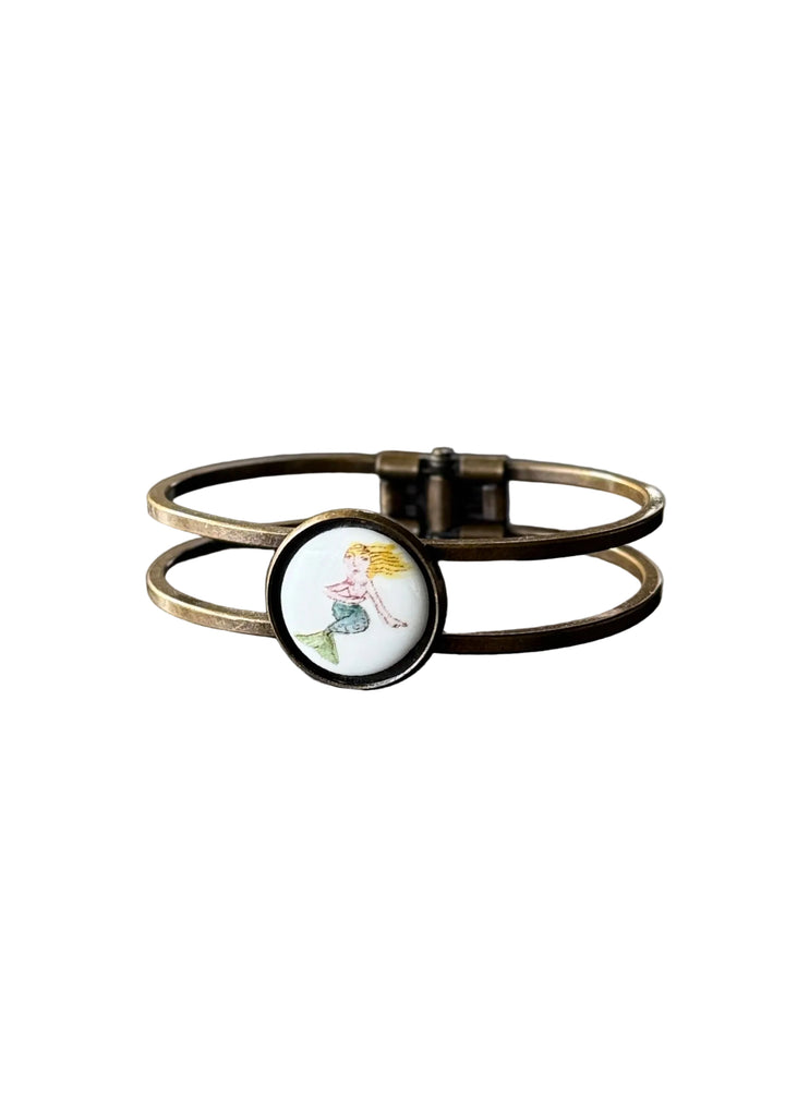 Mermaid Porcelain Pendant Bronze Cuff Bracelet