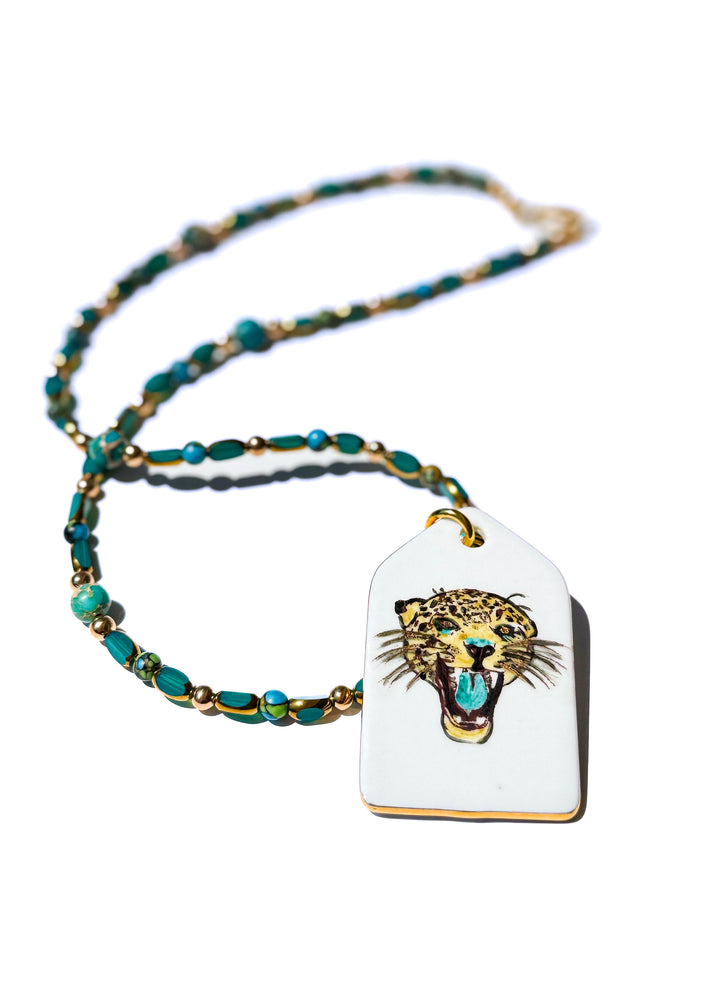 Teal Beaded Jaguar Head Necklace Game Day Football