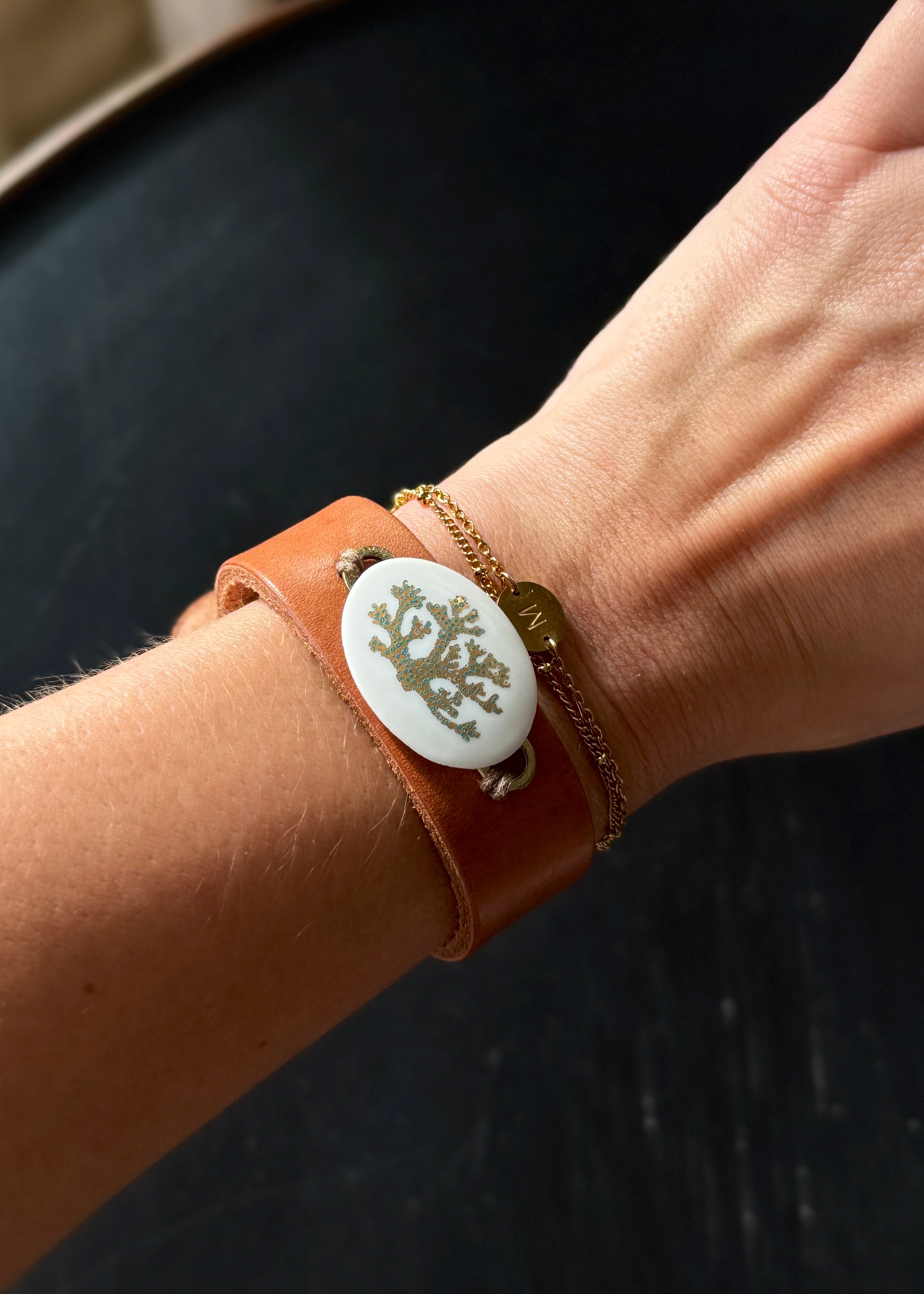 Coastal Coral Pendant on a Leather Wrap Bracelet