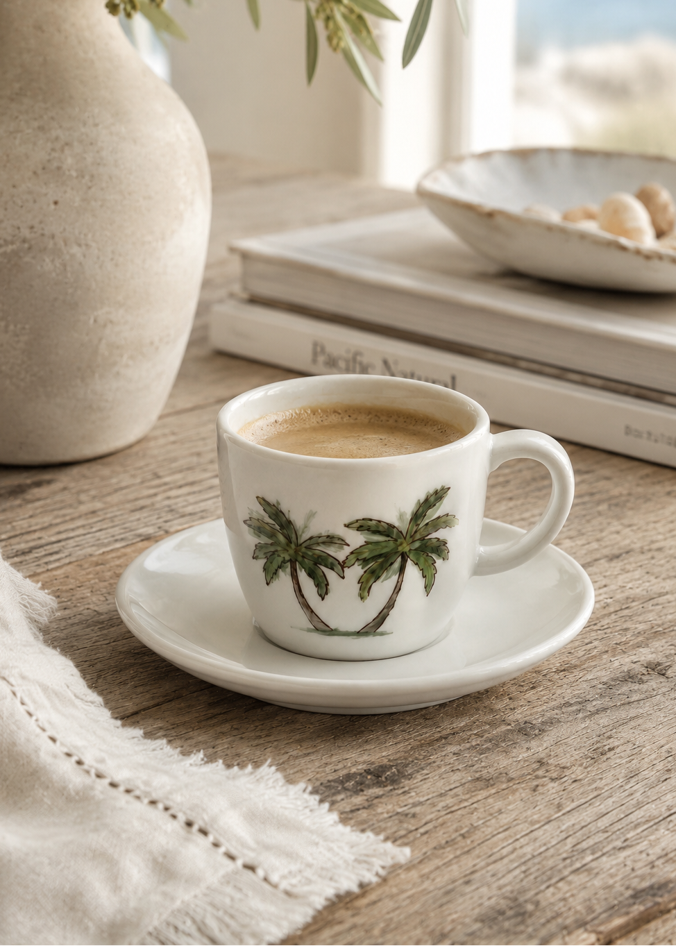 Hand Painted Coastal Palm Tree Espresso Cup with Saucer