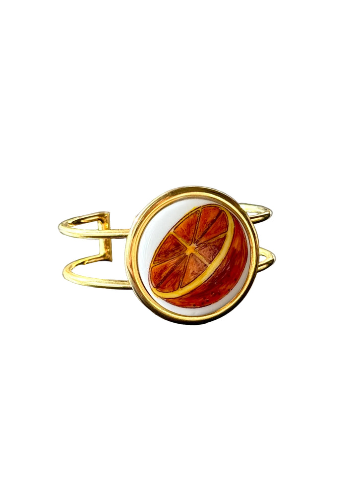 Hand-Painted Orange Slice Porcelain Pendant Gold Cuff Bracelet