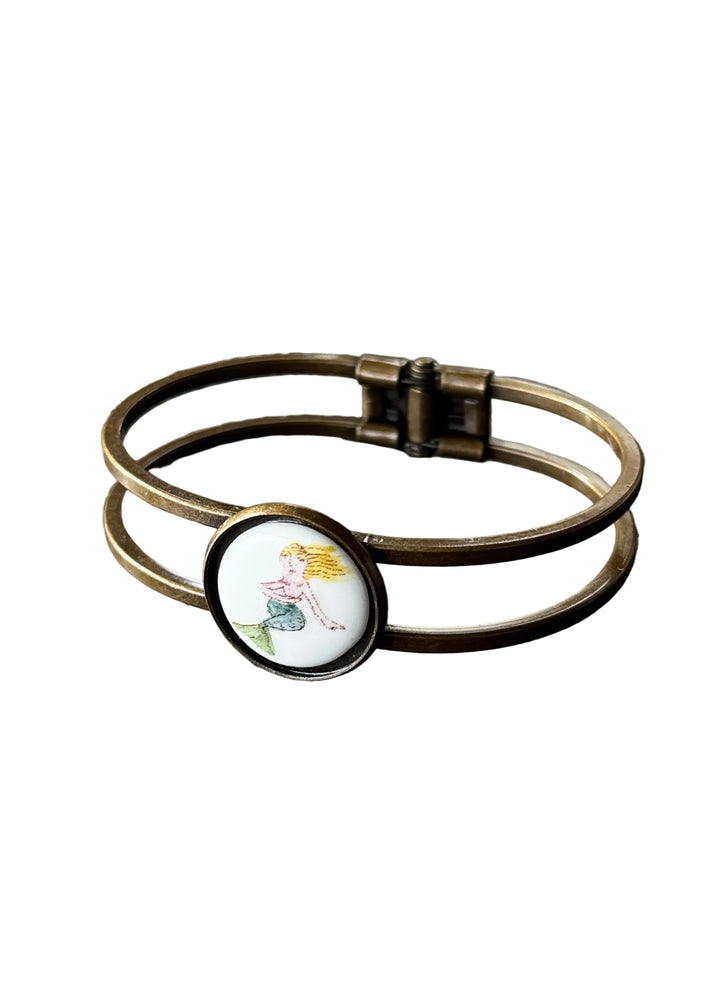 Mermaid Porcelain Pendant Bronze Cuff Bracelet