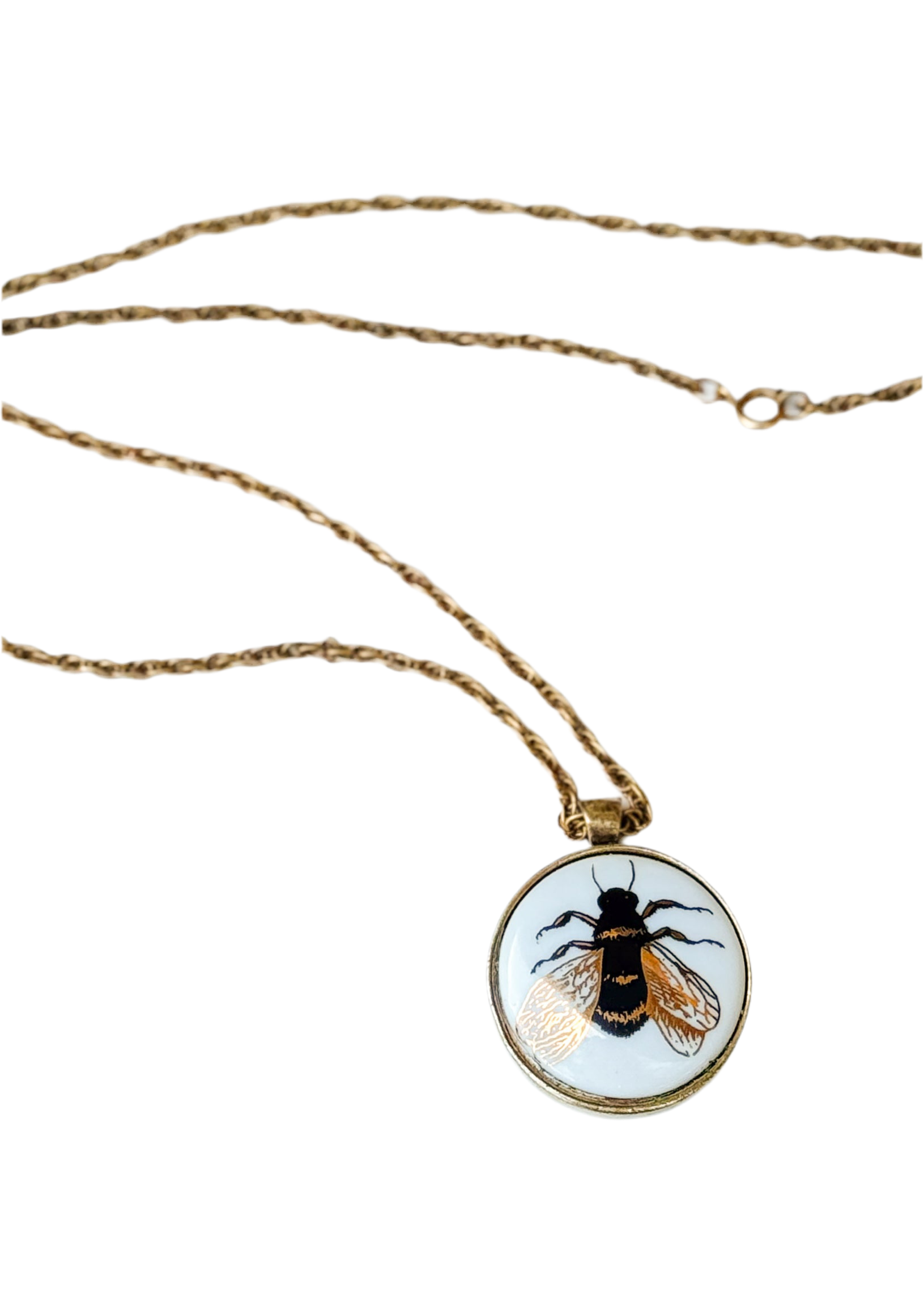 Bee Porcelain Pendant Gold Bezel  Gold Chain Necklace