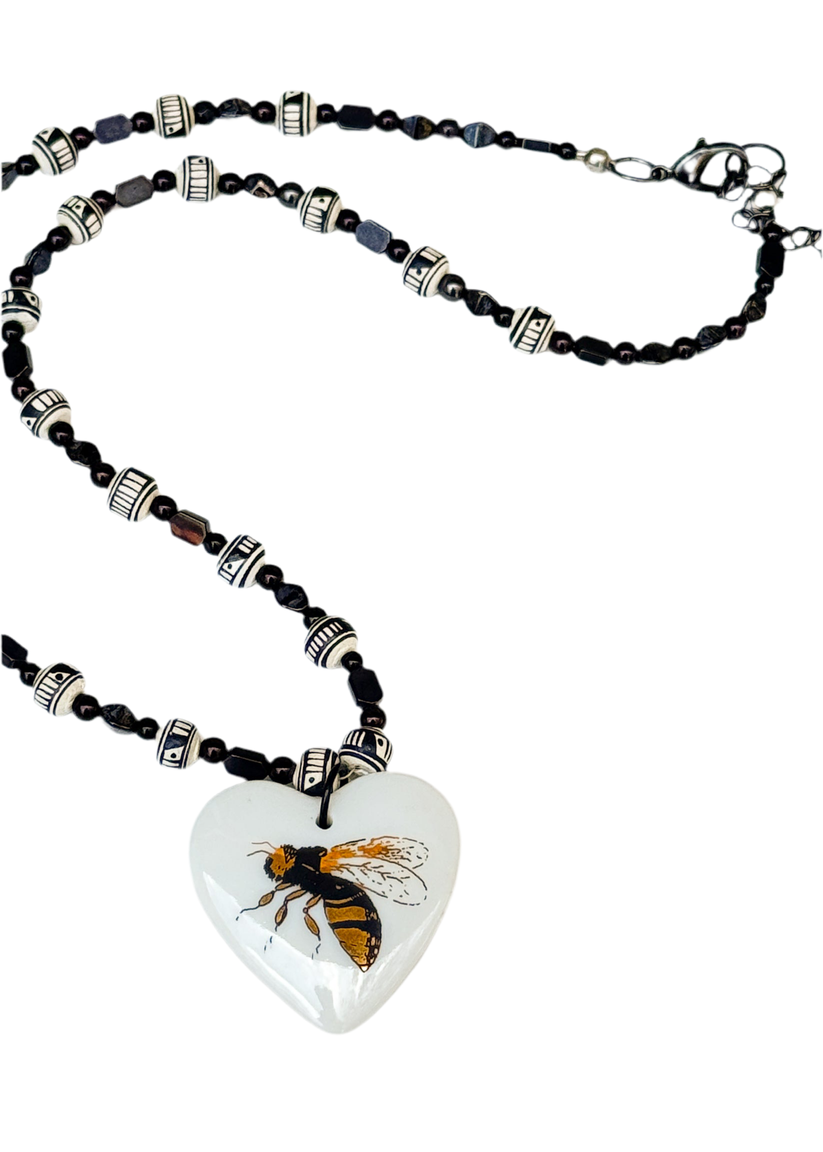 Bee Porcelain Pendant Beaded Necklace Nature Lover