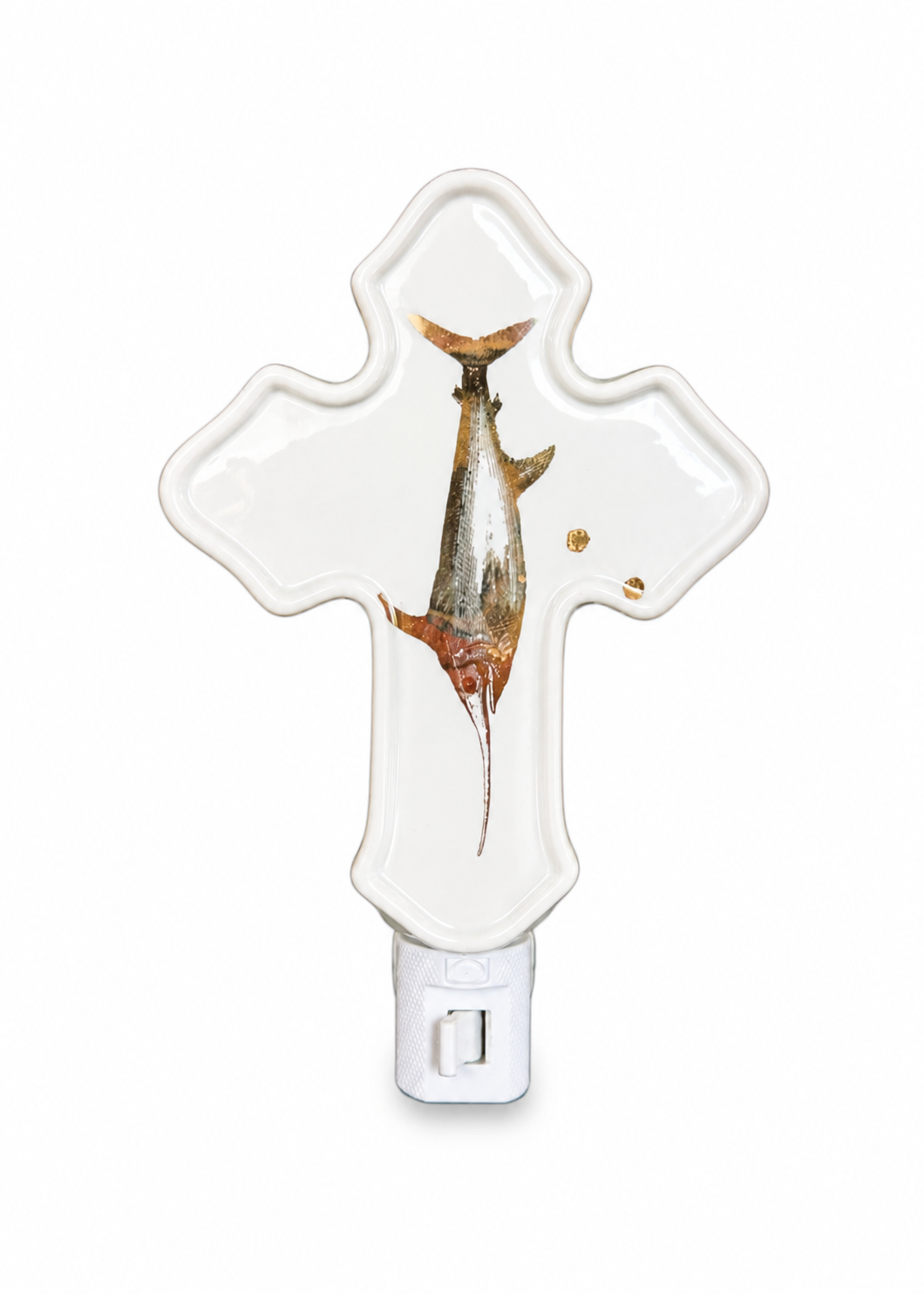 Hand-Painted Coastal Spearfish Porcelain Cross Night Light