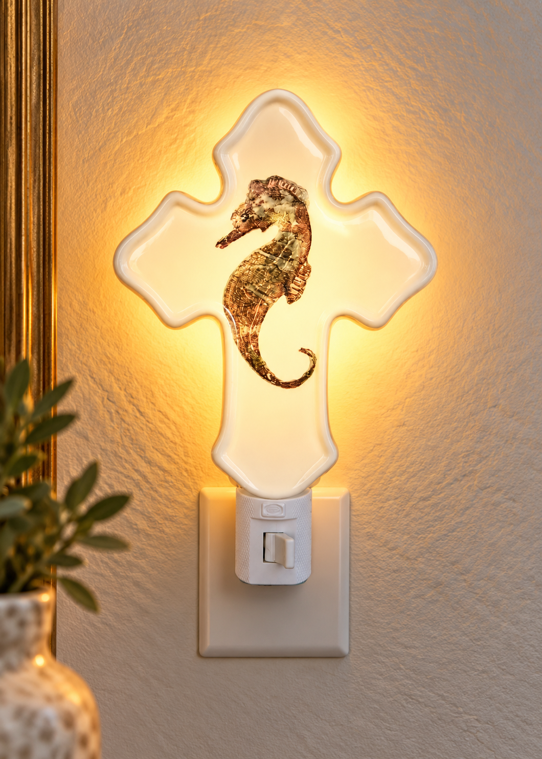 Hand-Painted Coastal Seahorse Porcelain Cross Night Light
