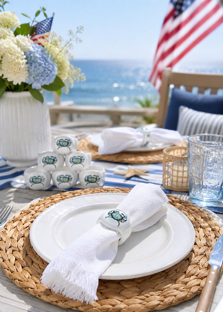Coastal Crab Porcelain Napkin Rings Set of 6