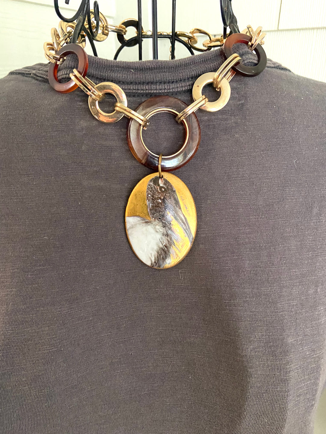 Bird Pendant Necklace with a bird coastal pendant tortoise shell gold necklace