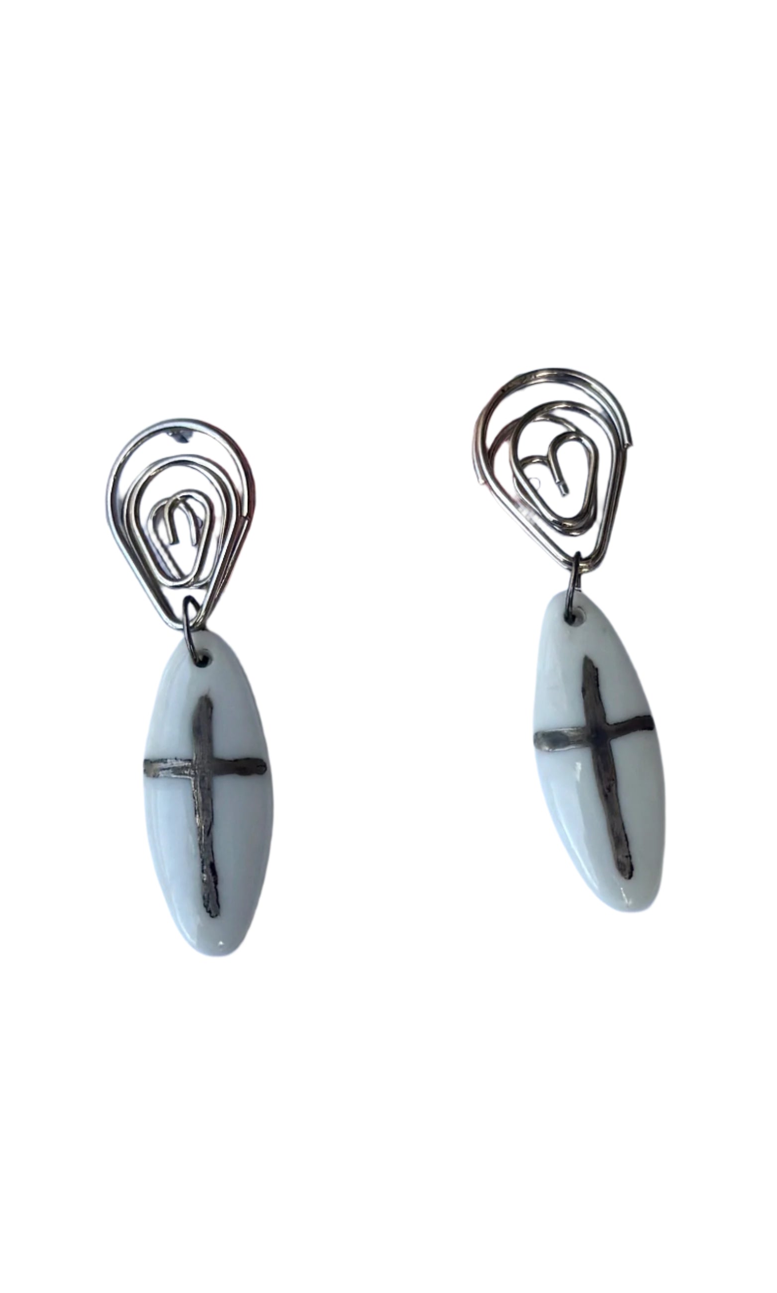 Hand-Painted Platinum Cross Porcelain Earrings