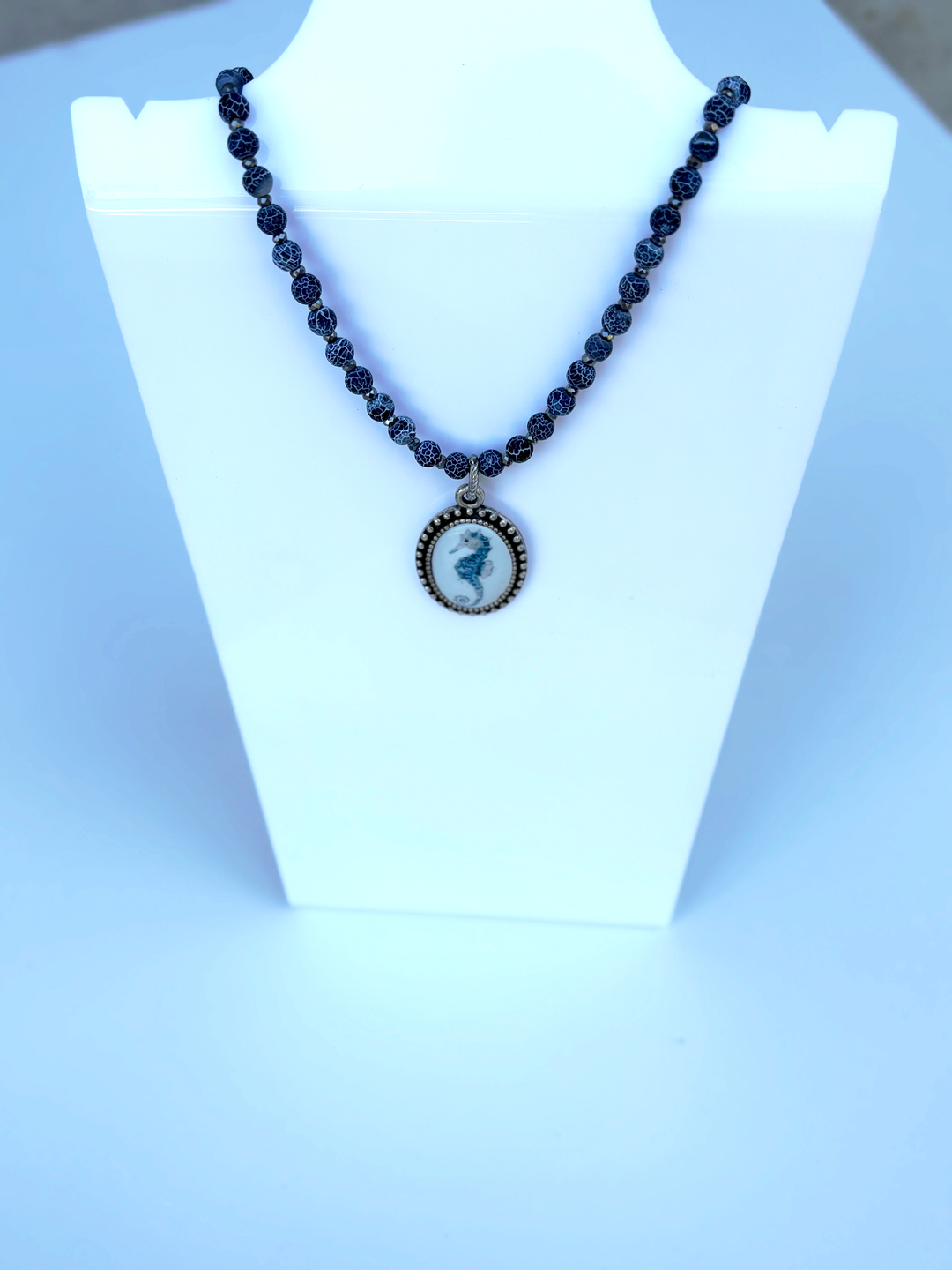 Seahorse Bezel Pendant on a beaded Necklace