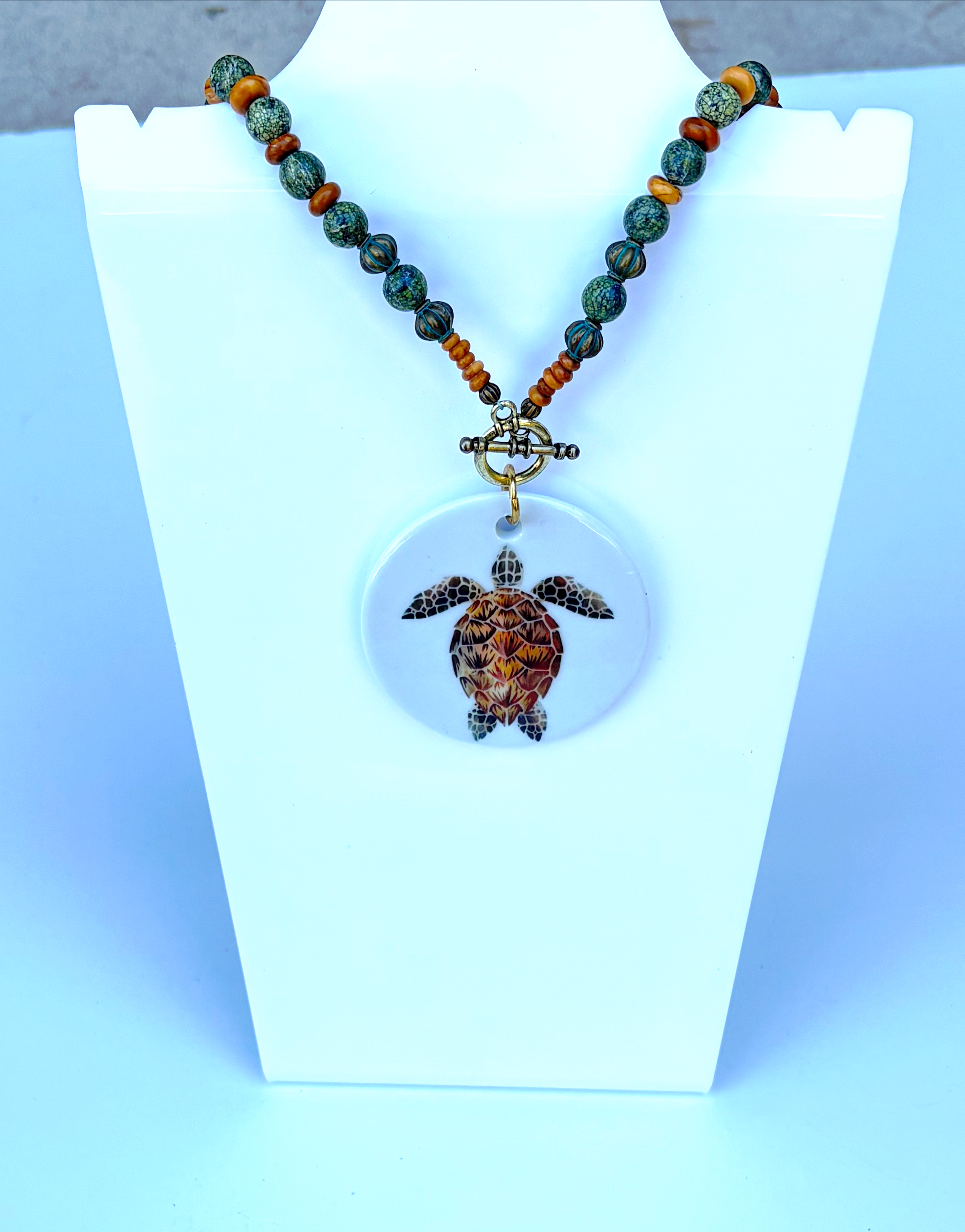 Turtle Porcelain Circle Pendant Beaded Necklace
