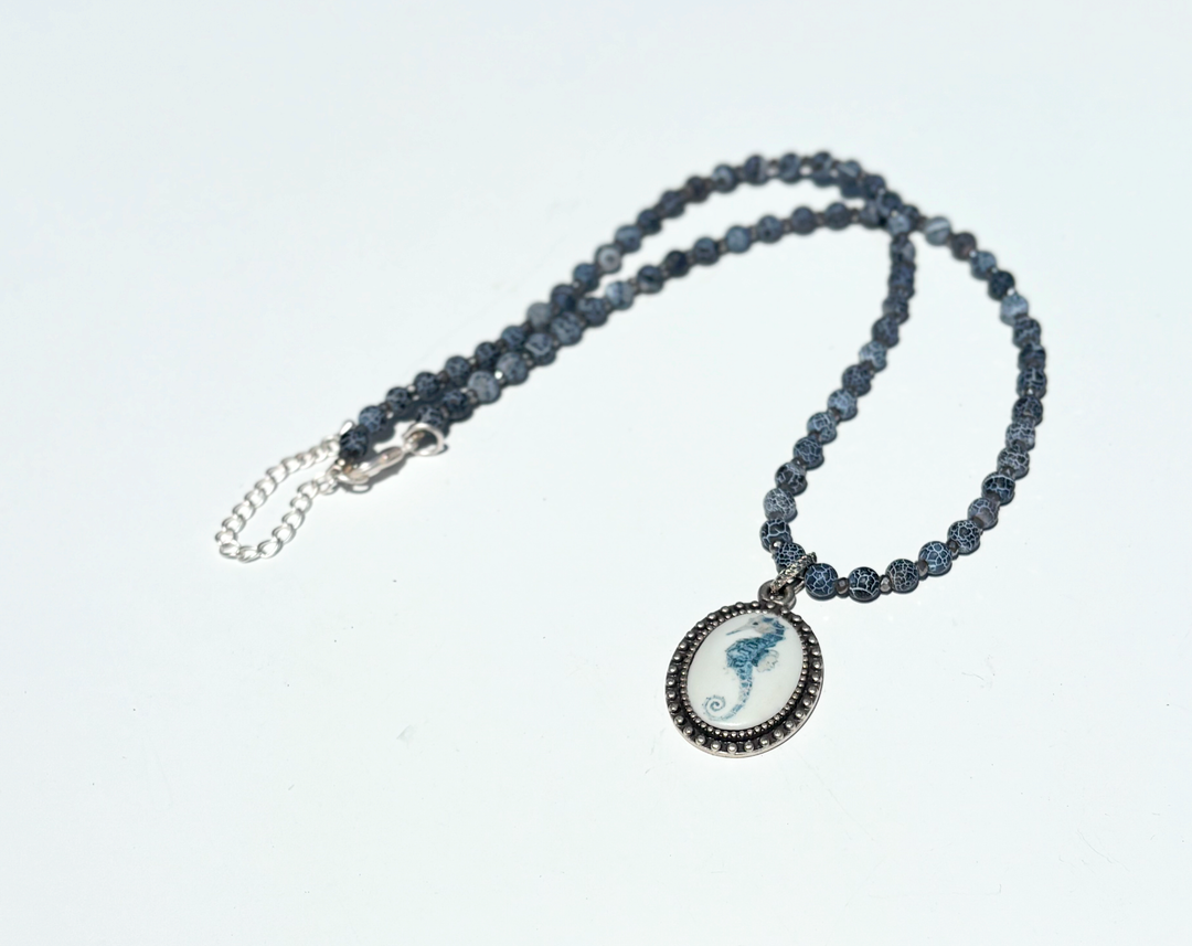 Seahorse Bezel Pendant on a beaded Necklace