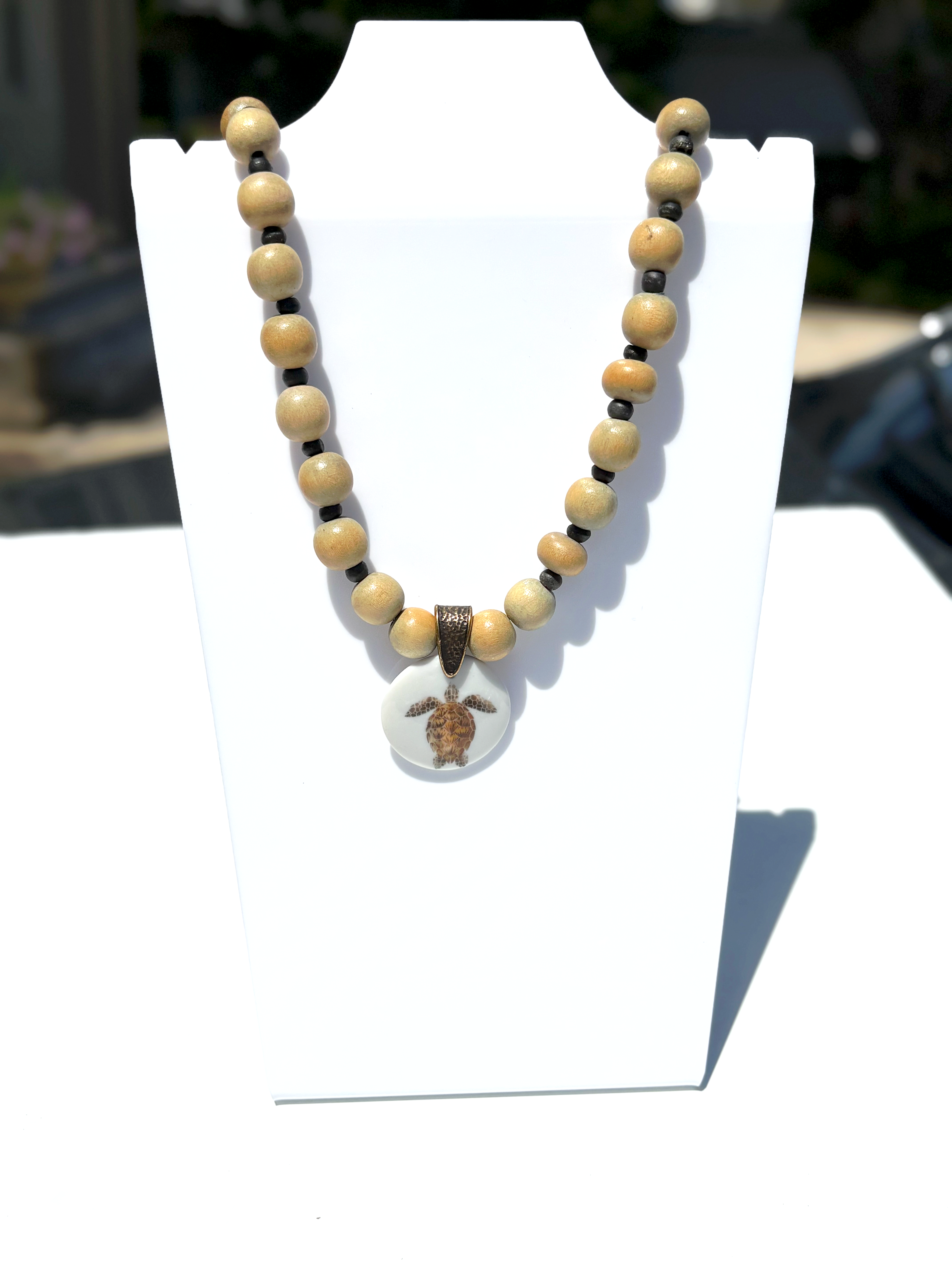 Sea Turtle Circle Porcelain Pendant Wood Beaded Necklace