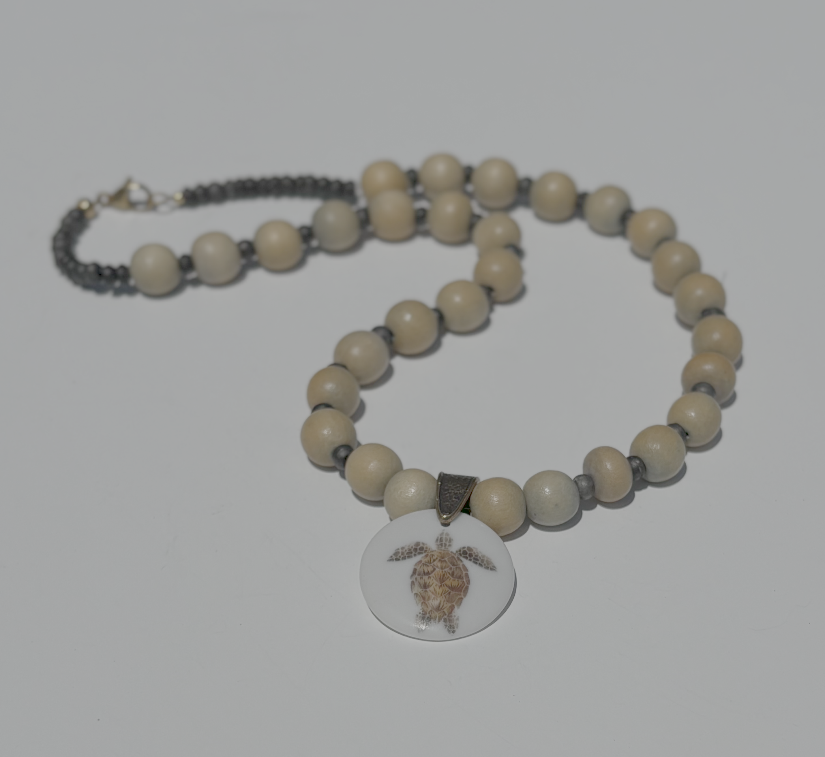 Sea Turtle Circle Porcelain Pendant Wood Beaded Necklace