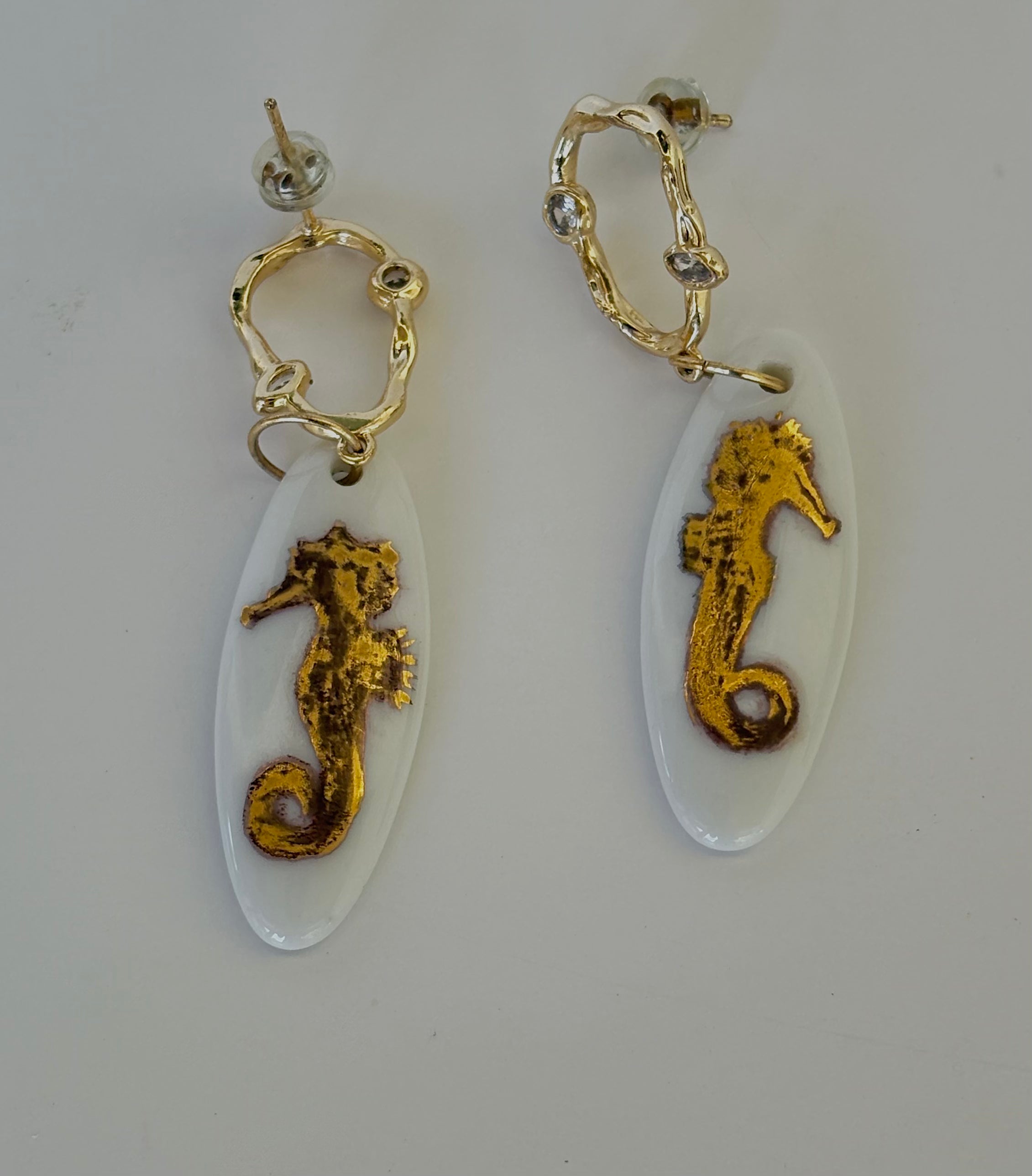 Gold Seahorse Porcelain Pendant Earrings with Diamond Accents