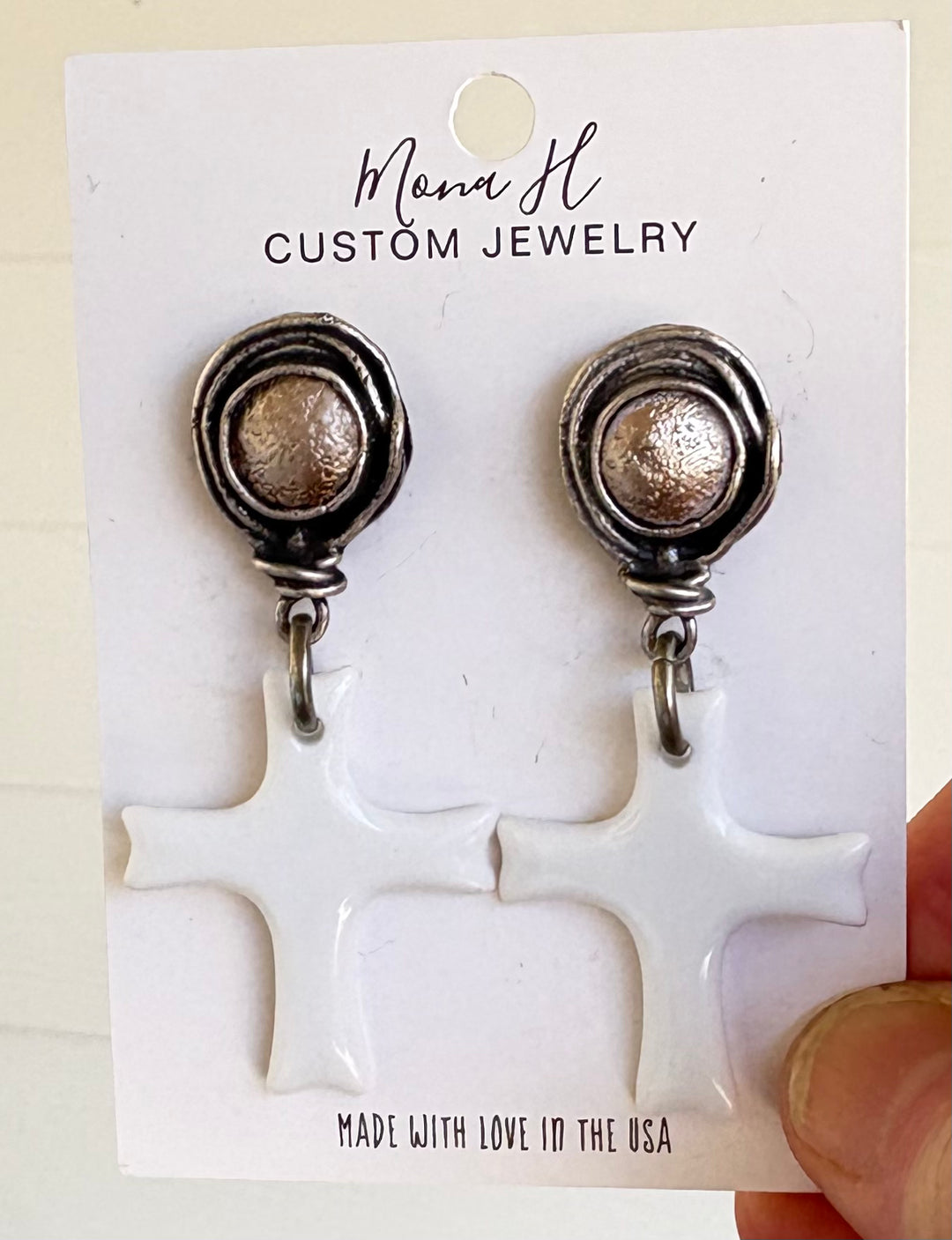 White Porcelain Crosses on a Burnished Stud Celestial Earrings