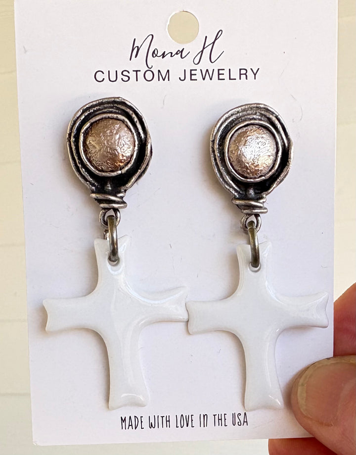 White Porcelain Crosses on a Burnished Stud Celestial Earrings