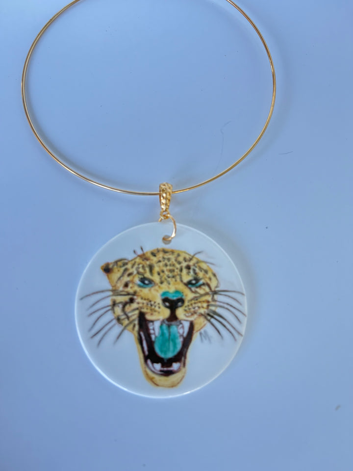 Large Round Porcelain Pendant Jaguar Face Jacksonville Jaguars Game Day Jewelry Gold Hoop Necklace