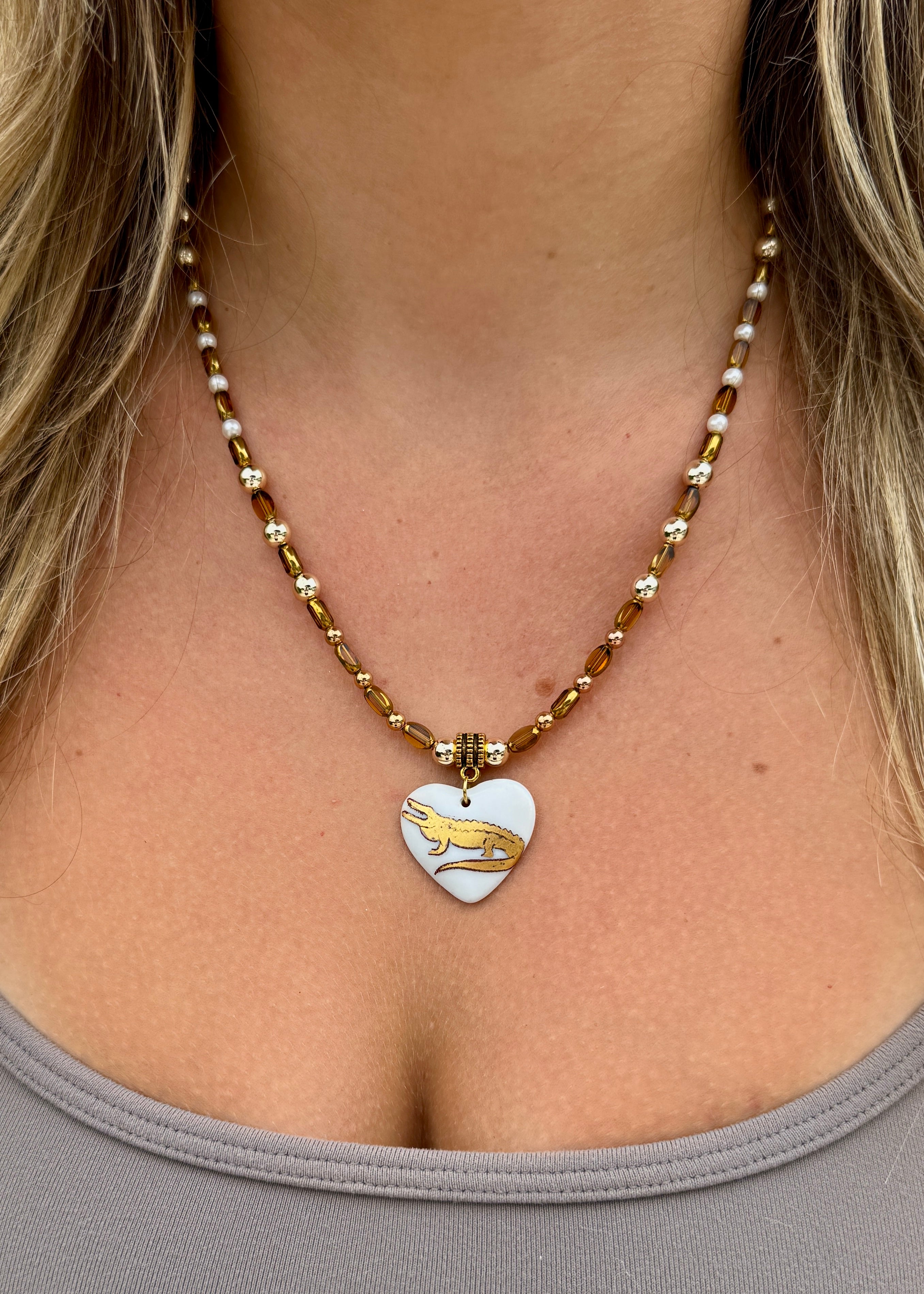 Gator Game Day Necklace – White Heart Porcelain Pendant