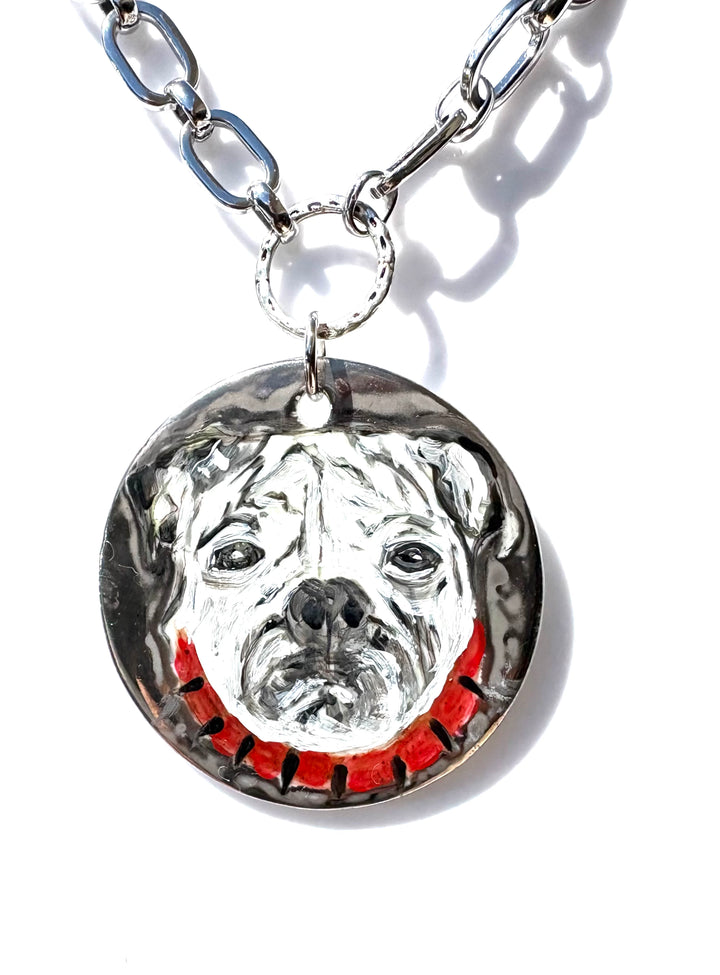 Bulldog Face Circle Pendant Platinum Background Pendant Chain Silver