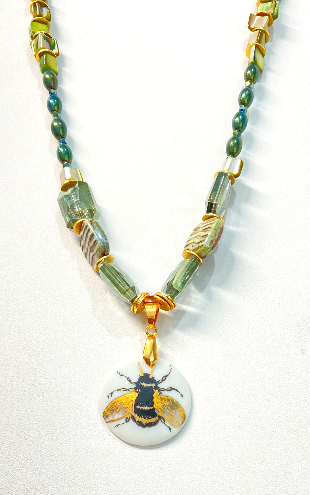 porcelain jewelry, handmade, timeless, bee pendant, beaded necklace