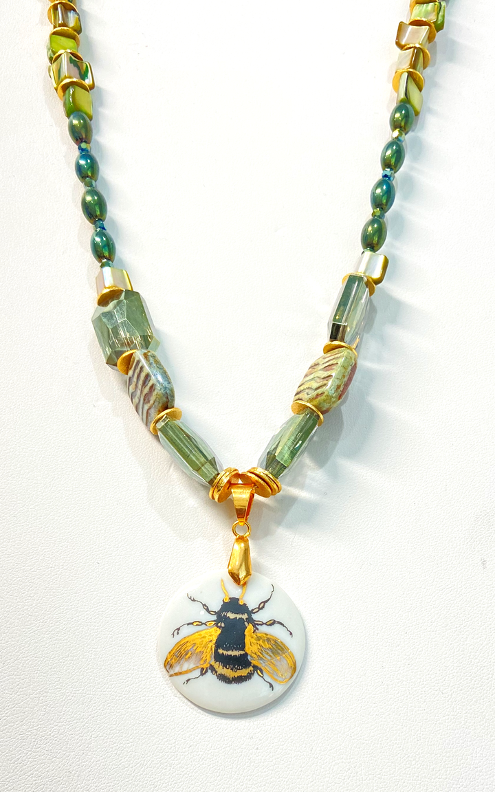 porcelain jewelry, handmade, timeless, bee pendant, beaded necklace