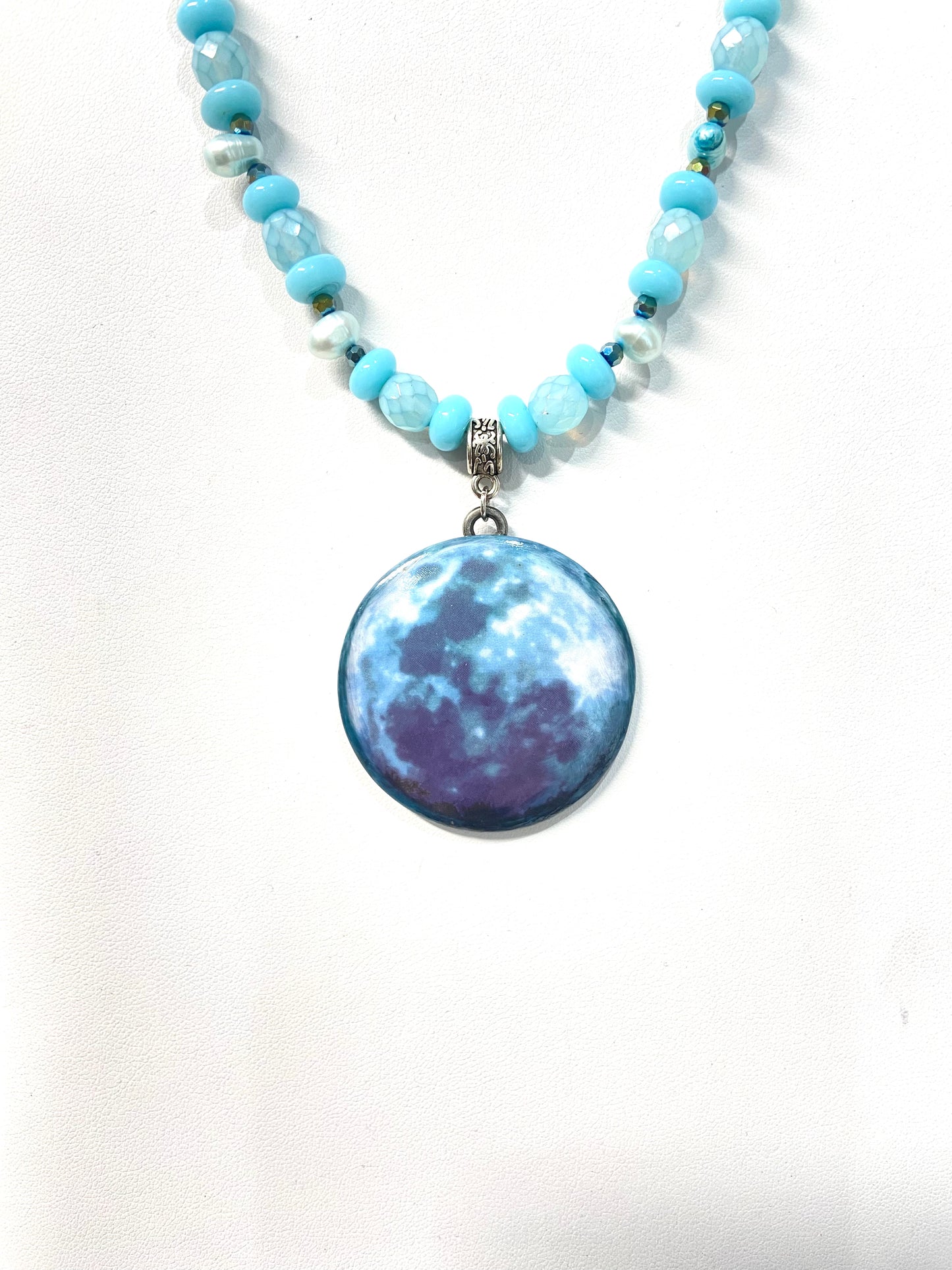 Moon Necklace, Blue Moon, glass pearl beads ,beaded necklace, astrology jewelry