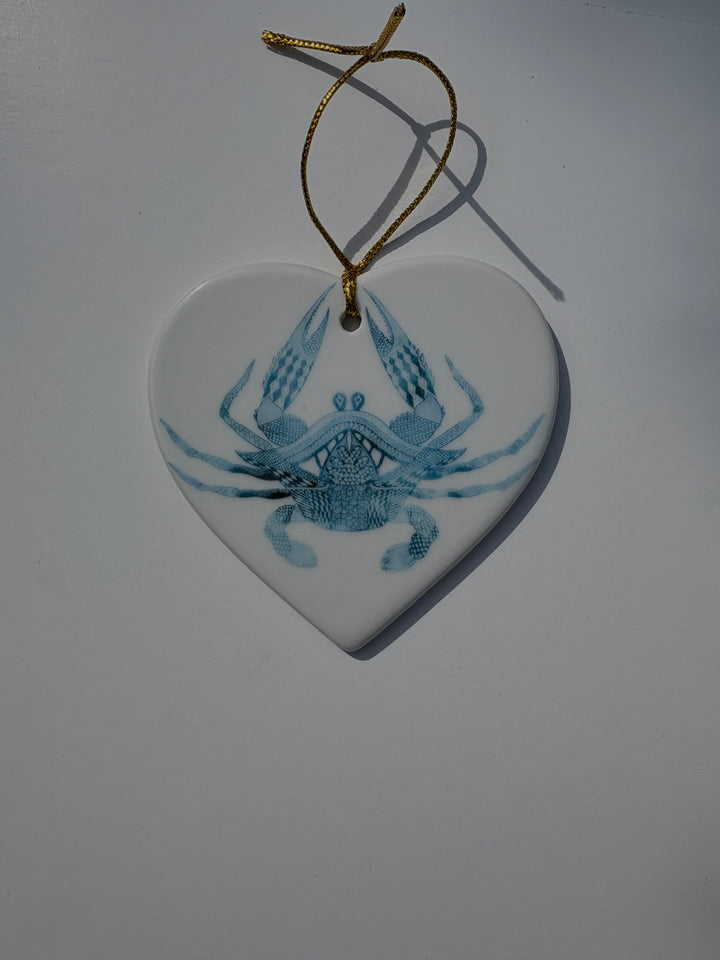 White Heart Ornament with Blue Crab
