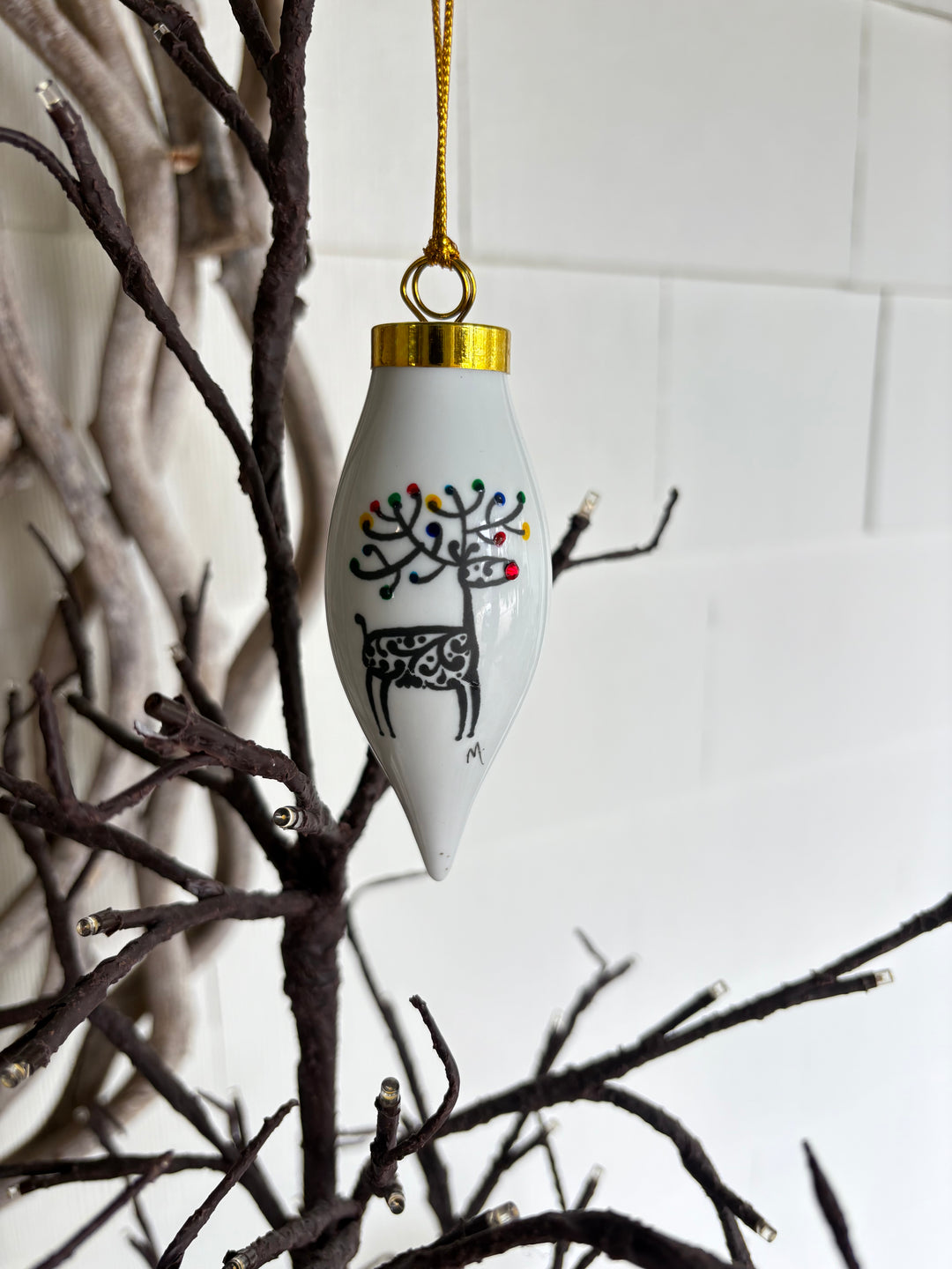 Black Reindeer Teardrop Porcelain Ornament