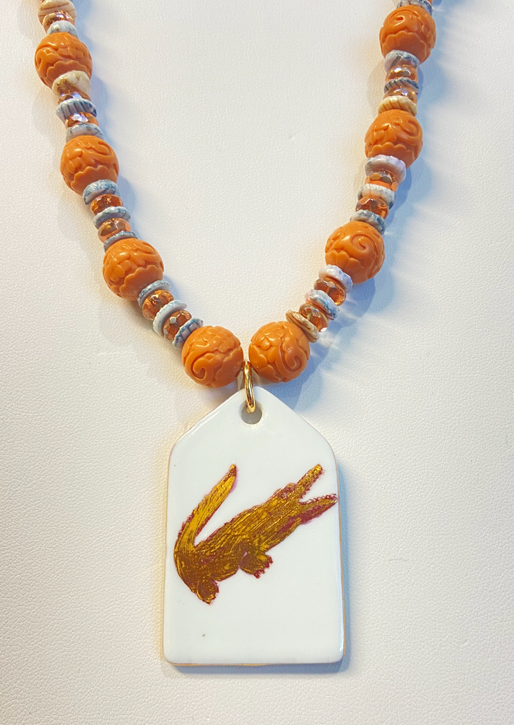 GATOR NECKLACE GOLD GATOR CERAMIC PENDANT WITH GATOR HAND PAINTED GOLD GATOR BEADED NECKLACE