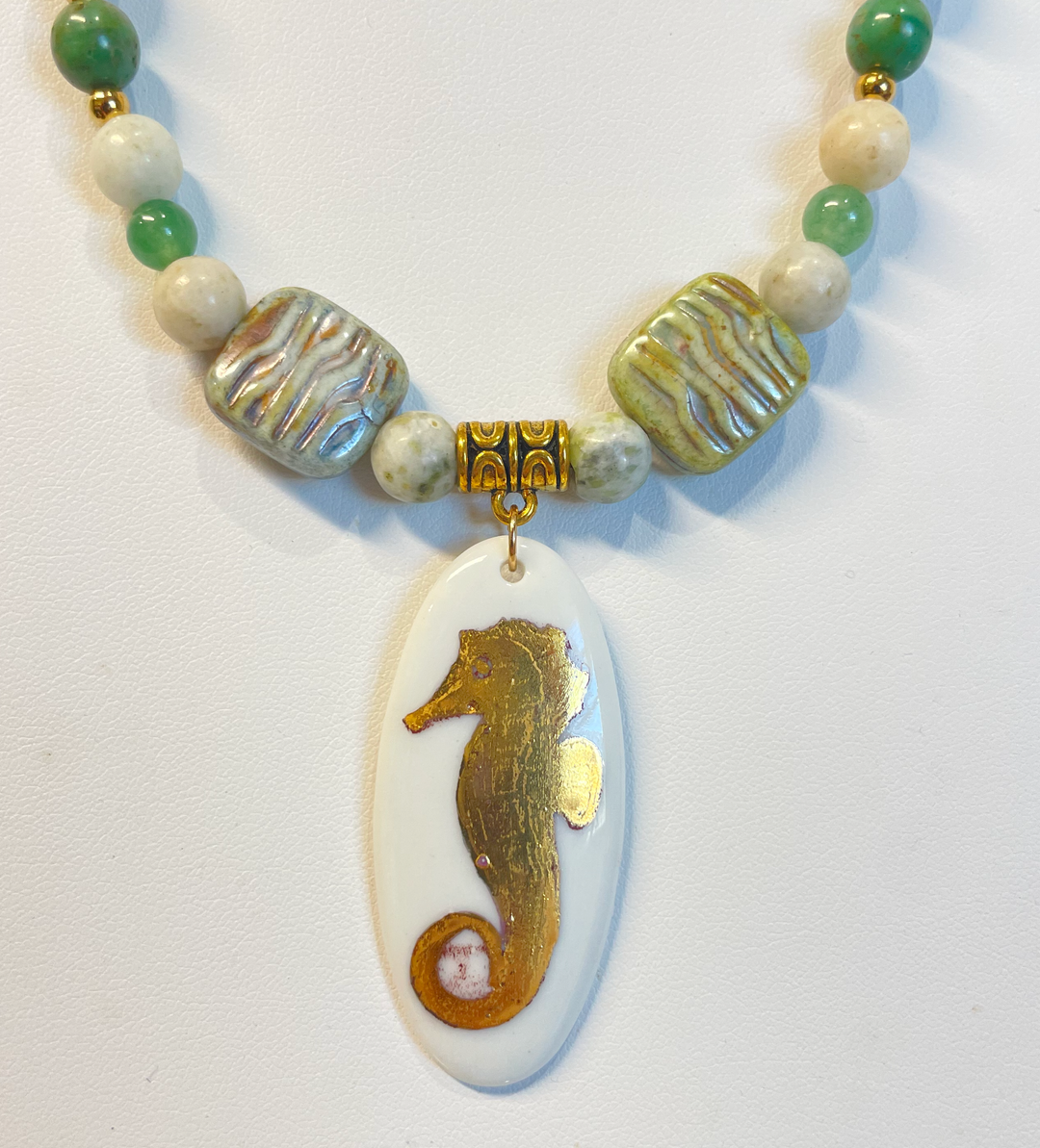 Coastal Green & Gold Seahorse Necklace