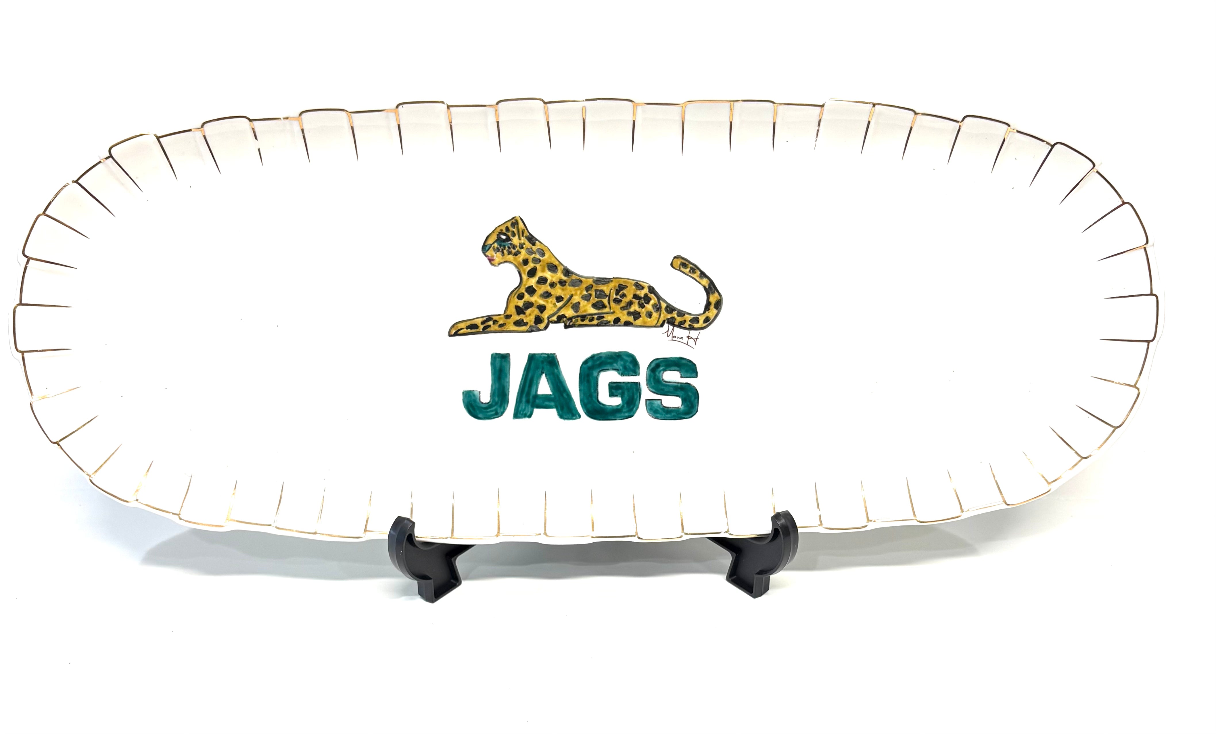 Hand-Painted Jaguars Porcelain Platter | 6" x 16" Artisan Serving Tray |