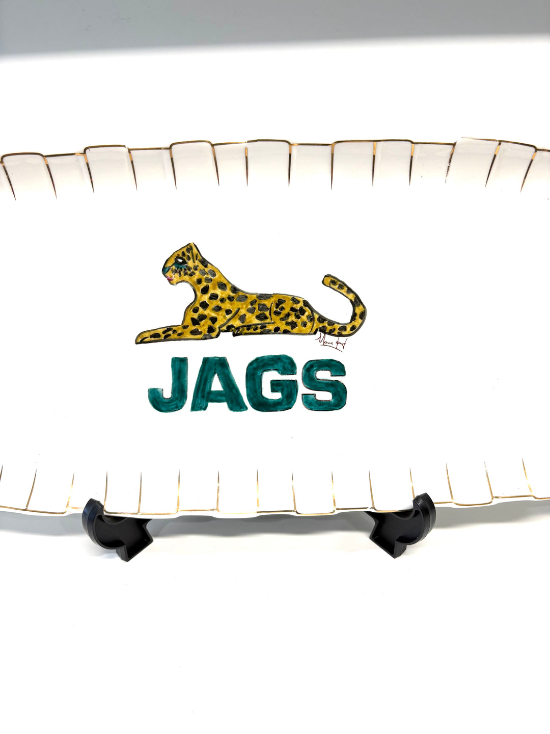 Hand-Painted Jaguar Porcelain Tray – Gold Rim & Teal “Jags”