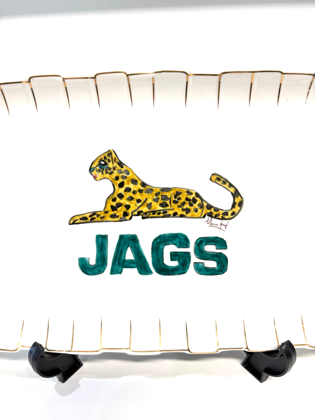 Hand-Painted Jaguar Porcelain Tray – Gold Rim & Teal “Jags”