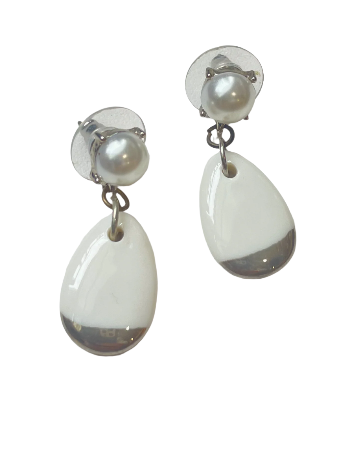 Platinum & White Porcelain Pendant Pearl Stud Earrings