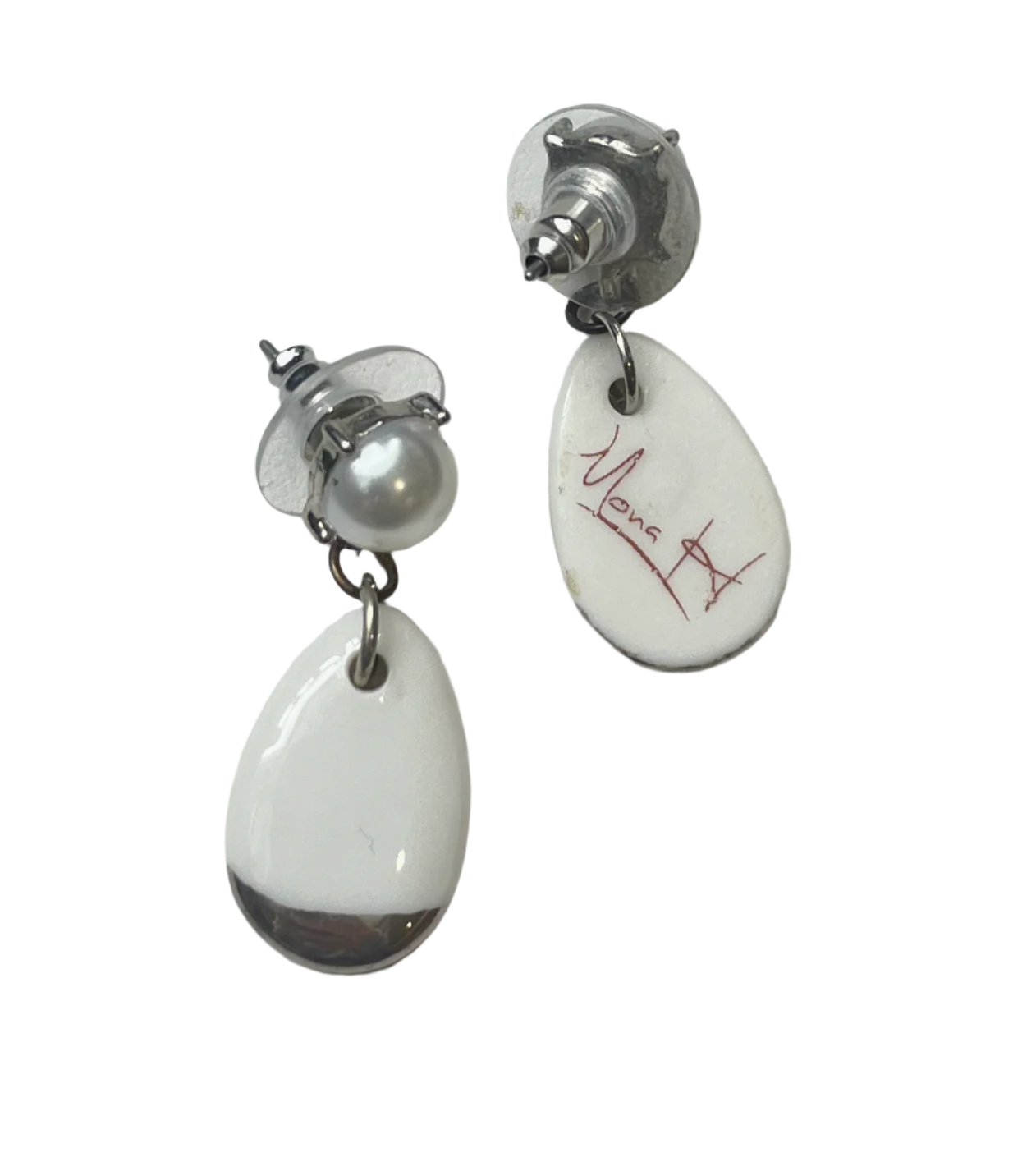 Platinum & White Porcelain Pendant Pearl Stud Earrings