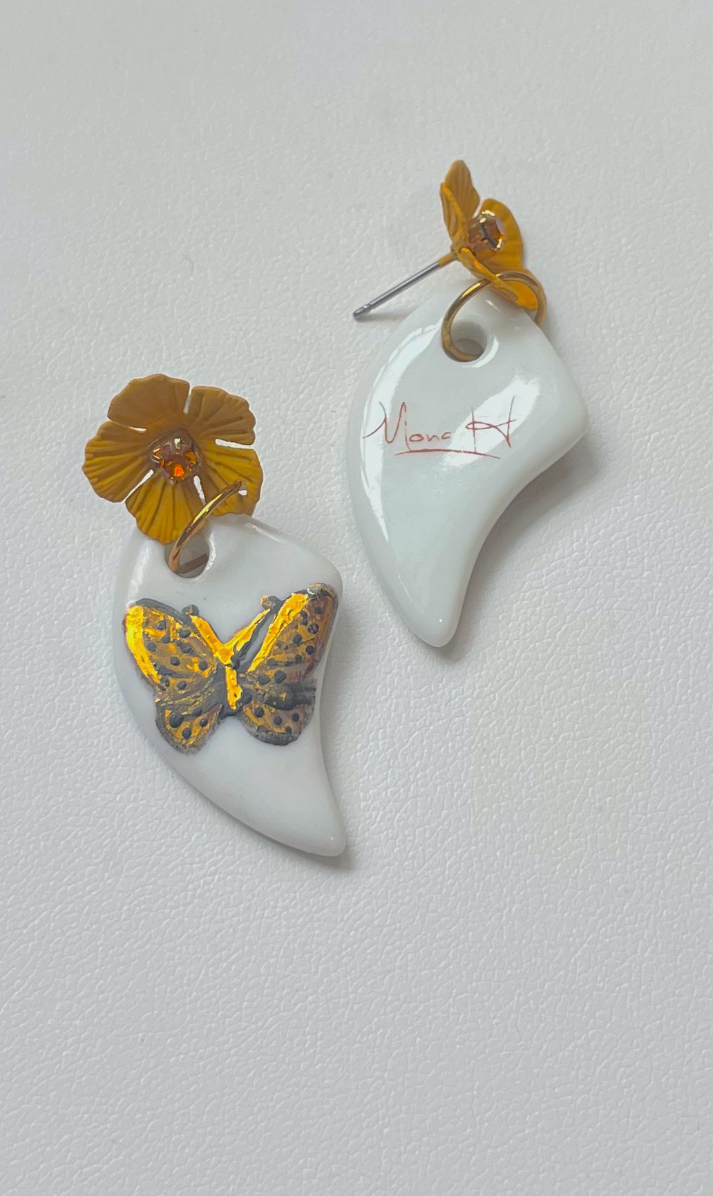 Gold butterfly earrings, butterfly and flower nature lover jewelry