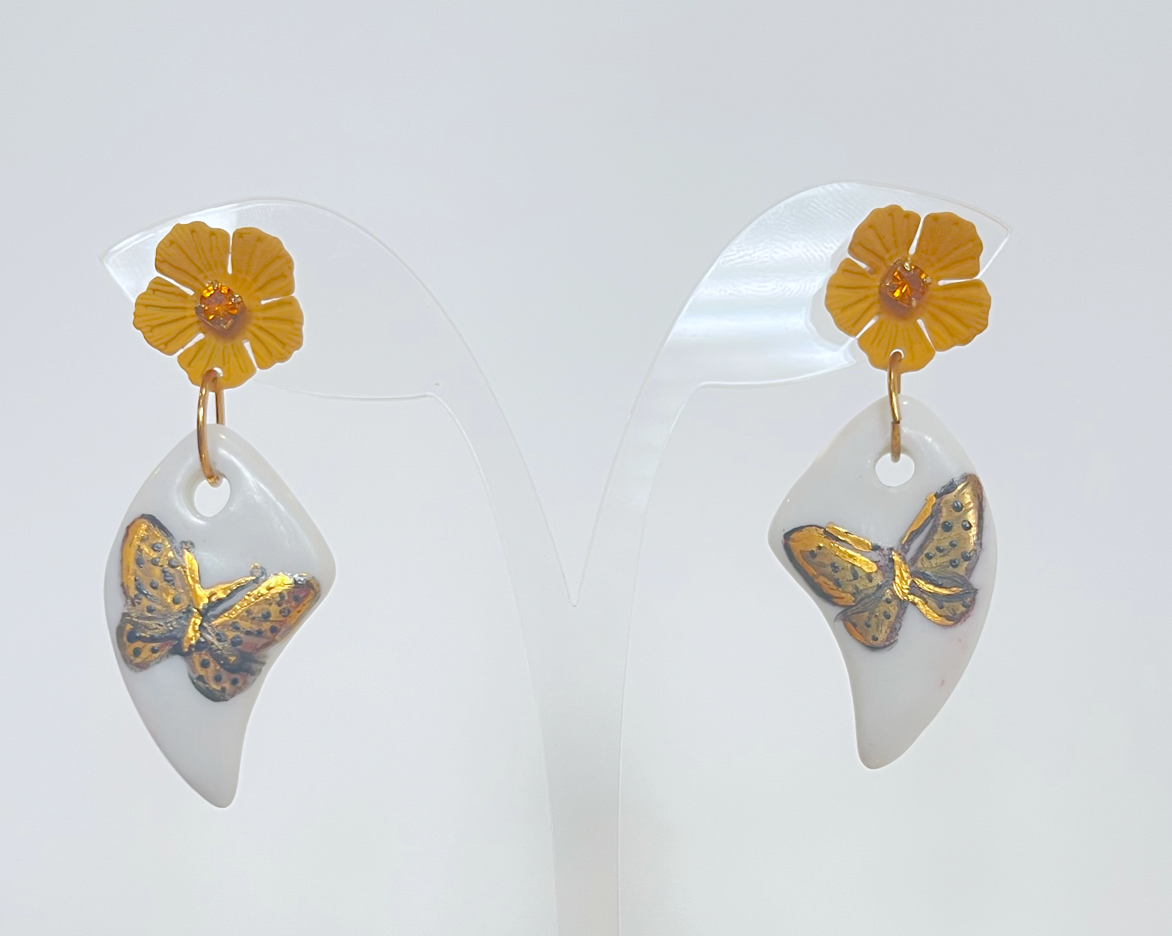 Black & Gold Butterfly Porcelain Pendant Flower Stud Earrings