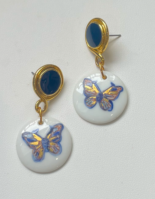 Butterfly earrings hand painted earring navy stud gold accents