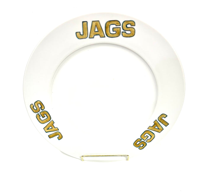 White Porcelain Plate with the words JAGS