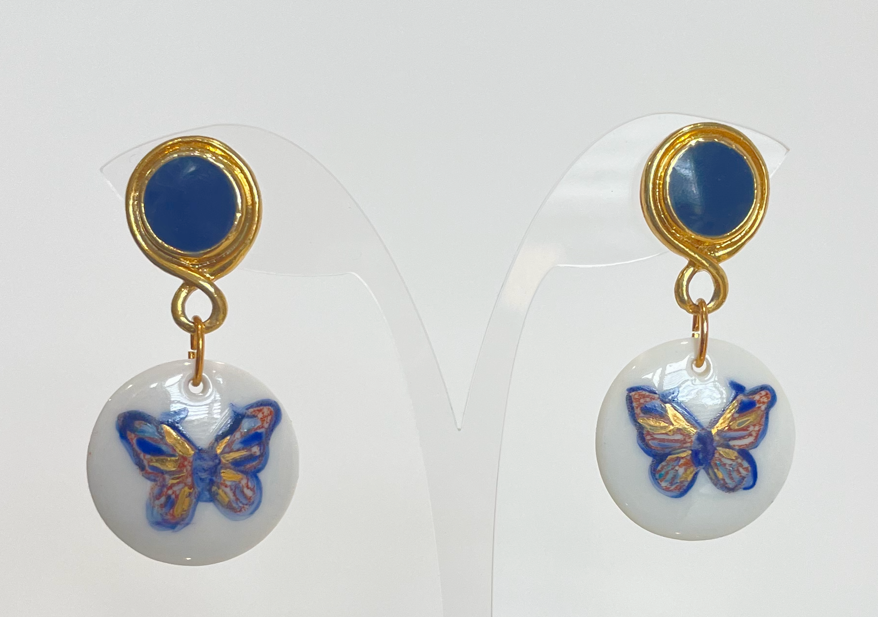 Blue Butterfly Hand-Painted Porcelain Pendant Stud Earrings