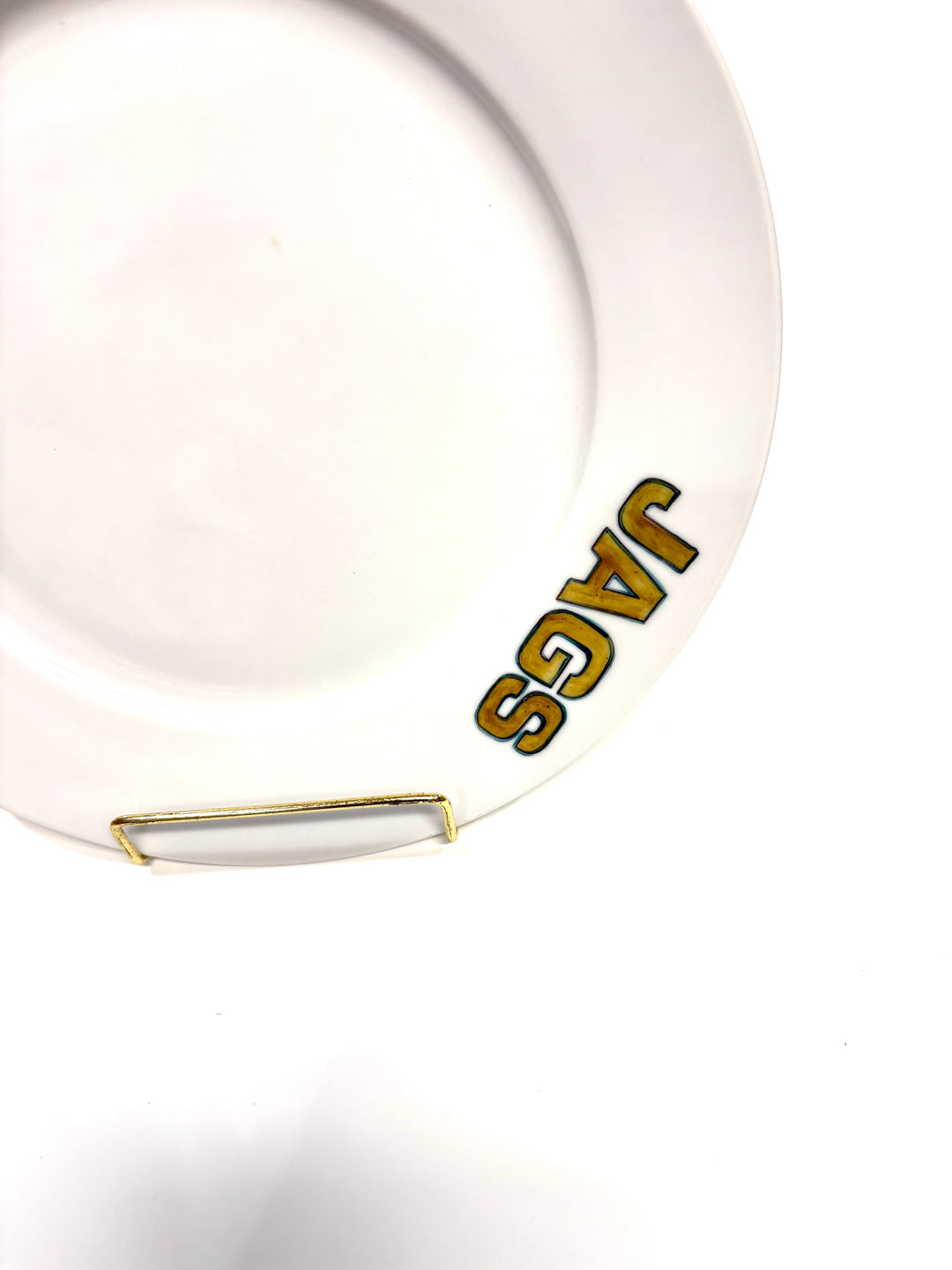 White Porcelain Plate with the words JAGS