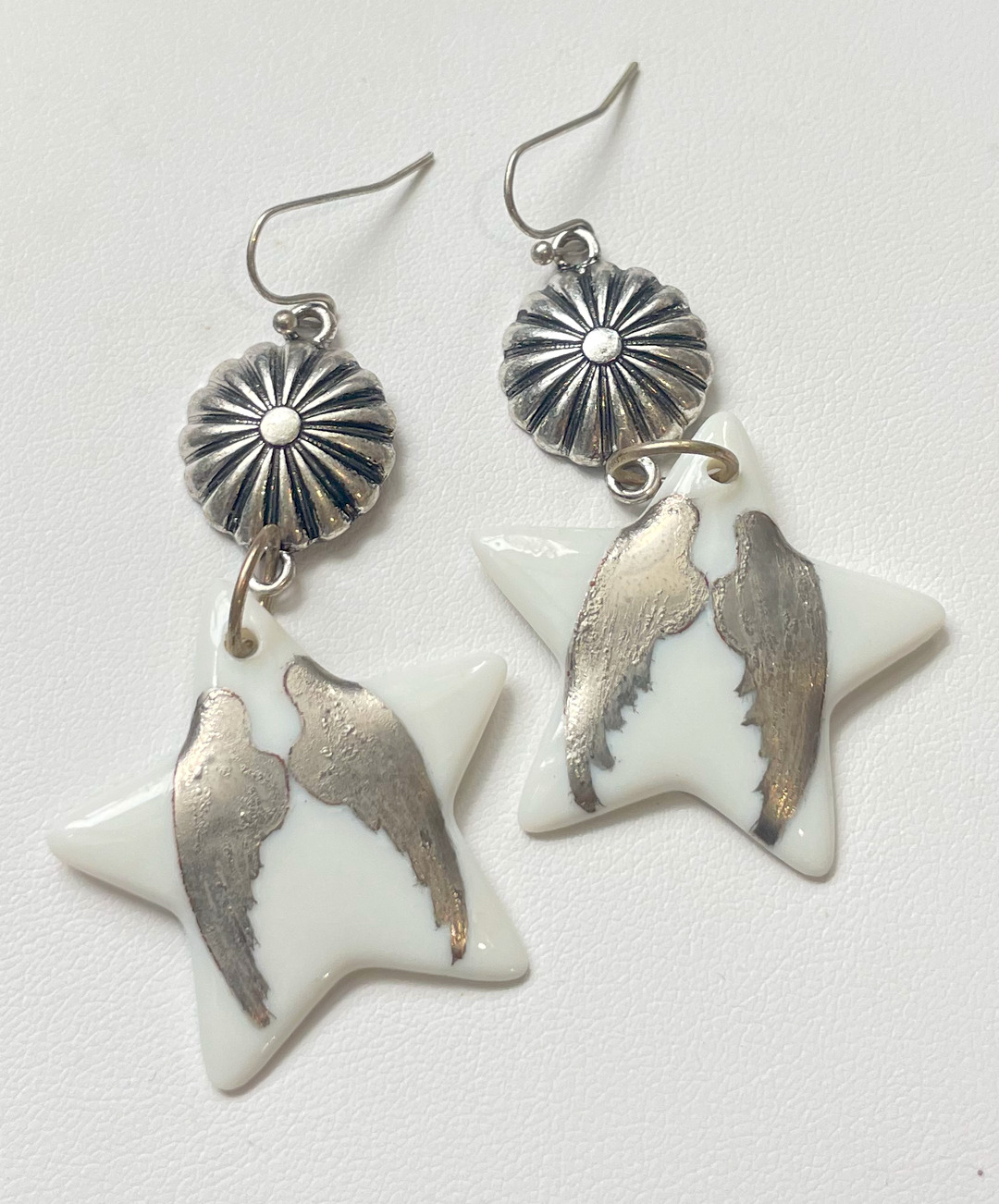 angel wing earrings, porcelain, stainless earrings, platinum wings