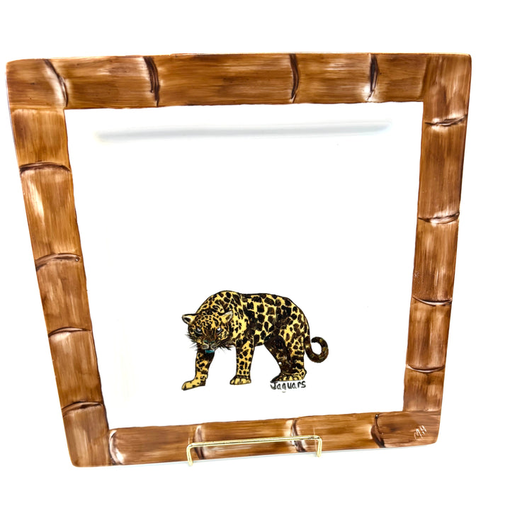 10.5" White Square Plate with Hand-Painted Jaguar