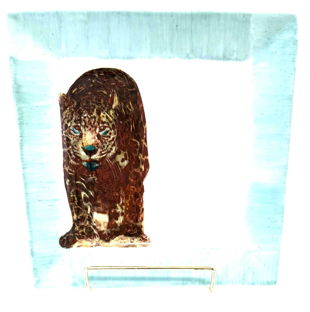 Hand-Painted Jaguar Plate with Teal Rim – 7.25" Square Porcelain