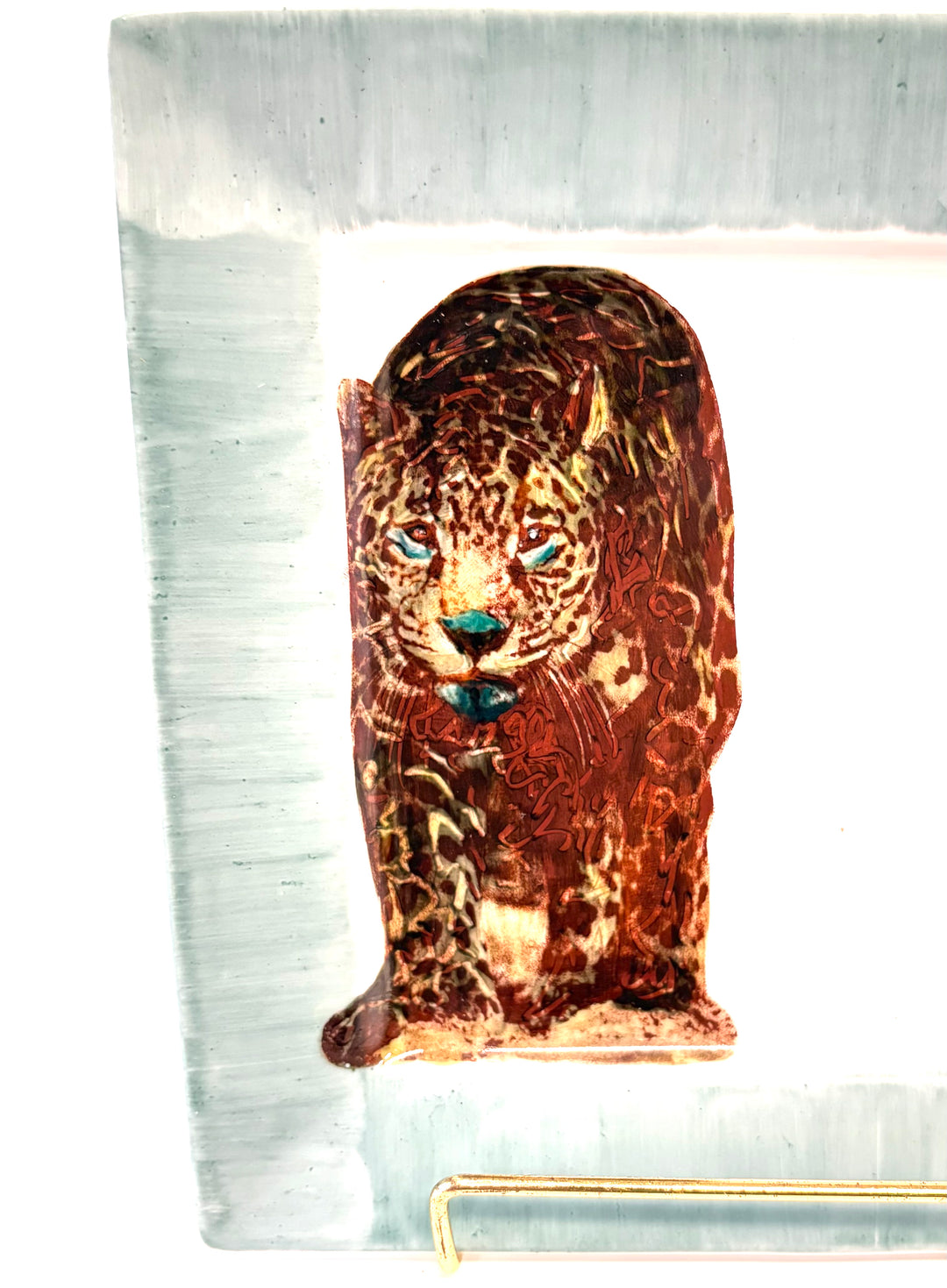 Hand-Painted Jaguar Plate with Teal Rim – 7.25" Square Porcelain