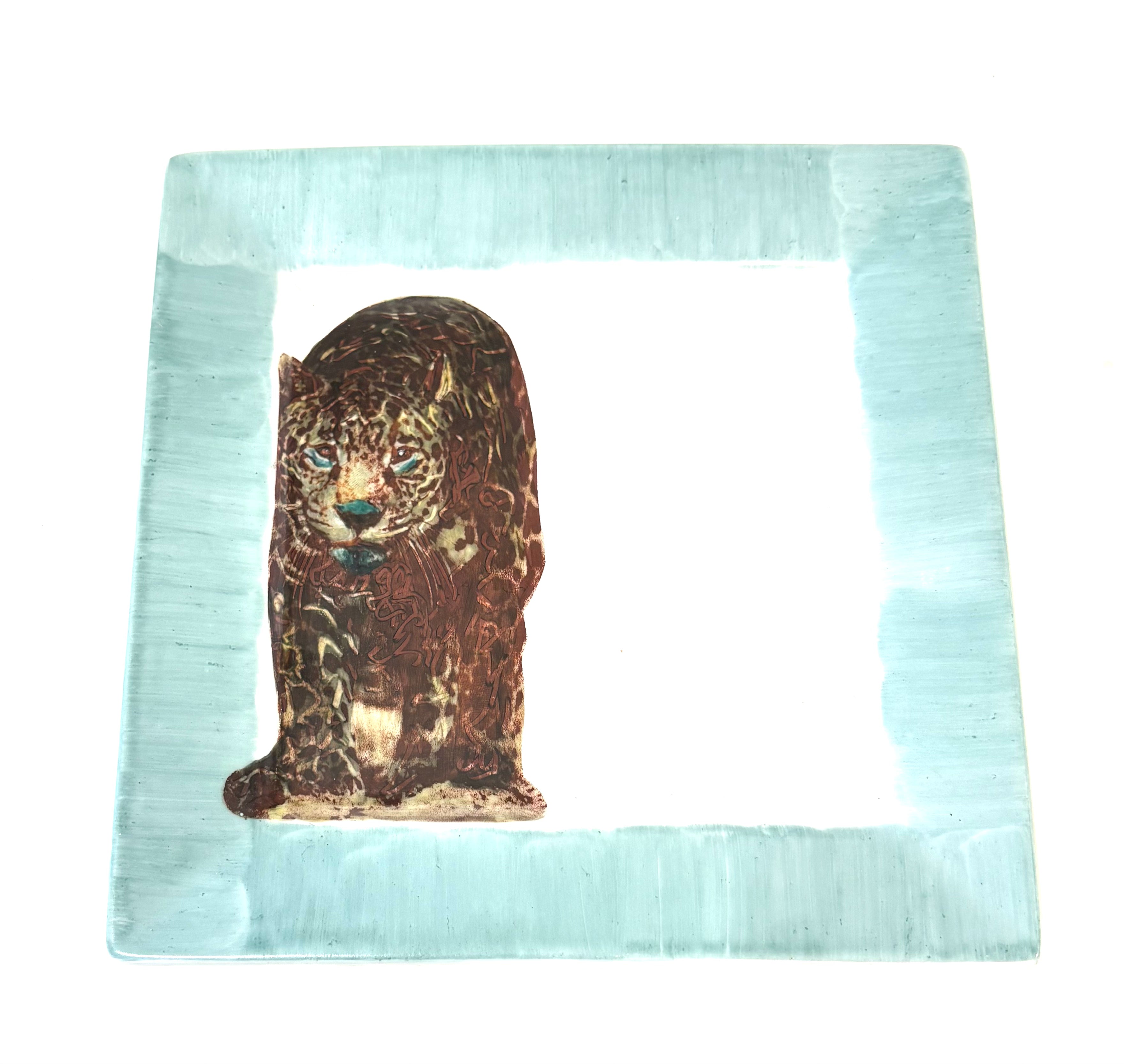 Hand-Painted Jaguar Plate with Teal Rim – 7.25" Square Porcelain