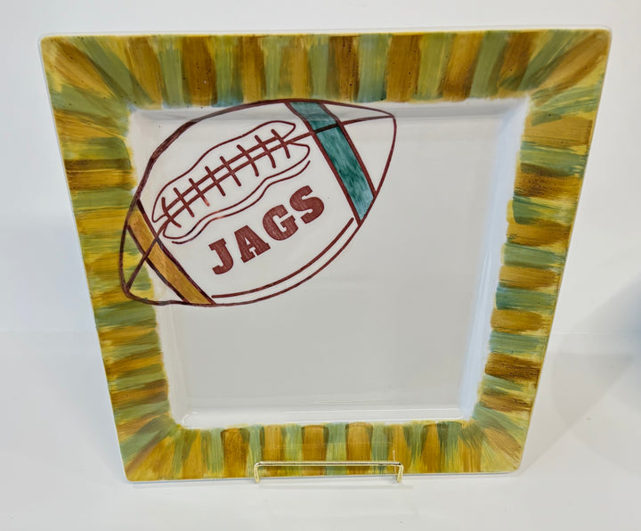 10-Inch Square White Plate – Hand-Painted Football JAGS Design